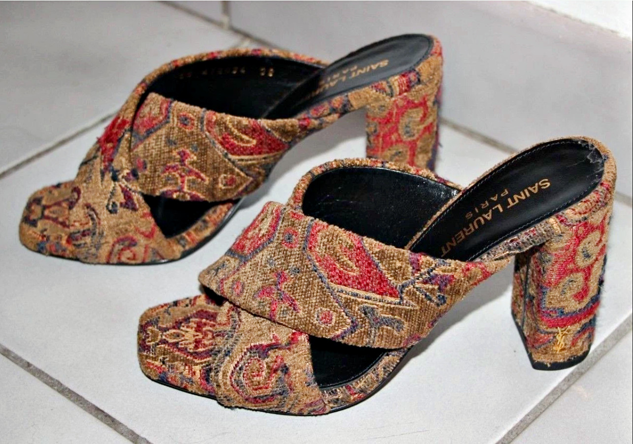 Saint Laurent LOULOU 95 SAFFRON ROUGE Jacquard Logo Heels Mule sz US 6 IT36 $895