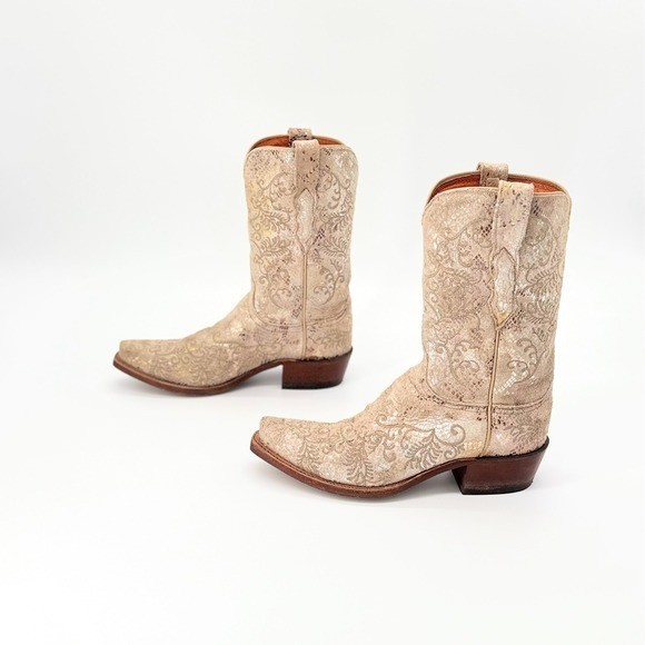 Lucchese 1883 N4738 Stone Suede Cowboy Boots Metallic Python Snip Toe Womens 7B