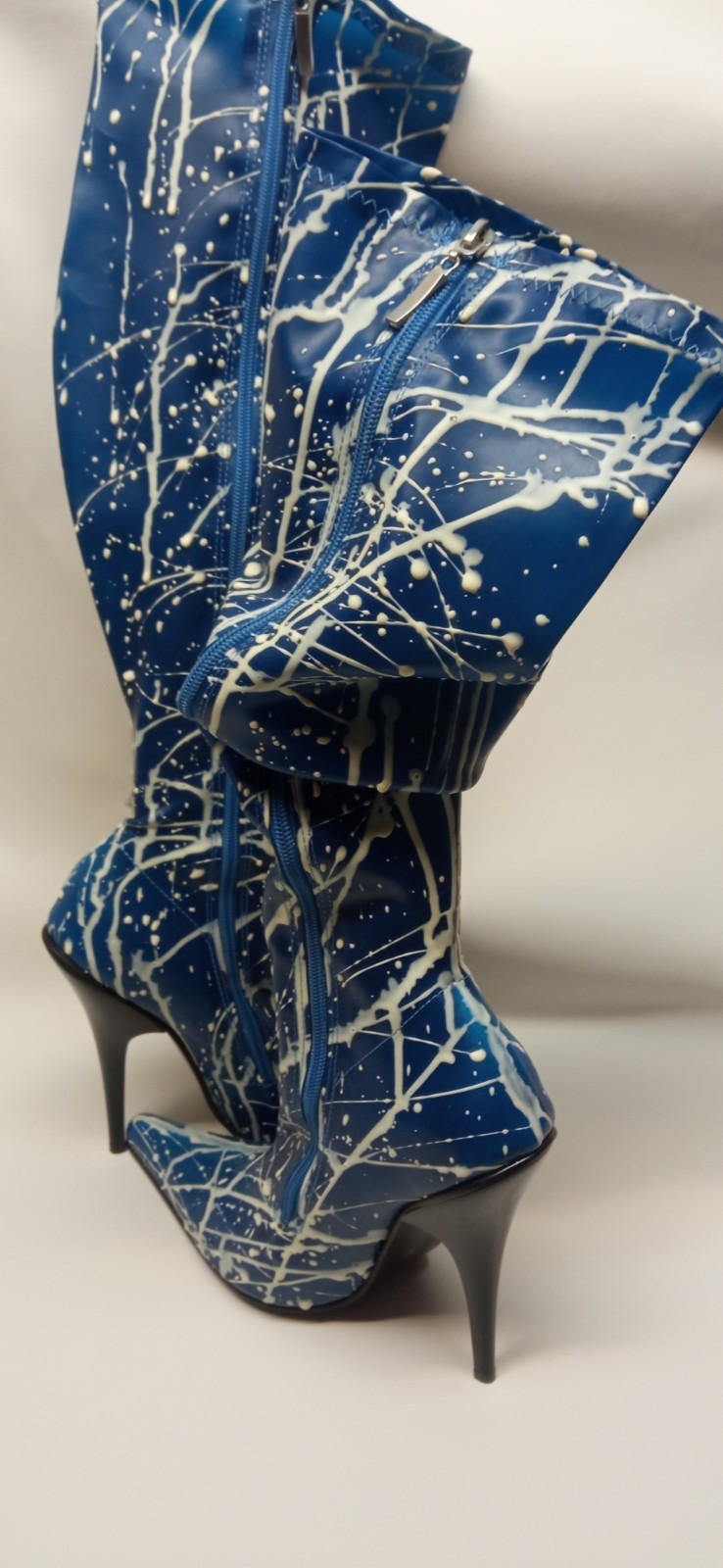 Handmade rubber boots knee high blue and female heel 12cm – size 43