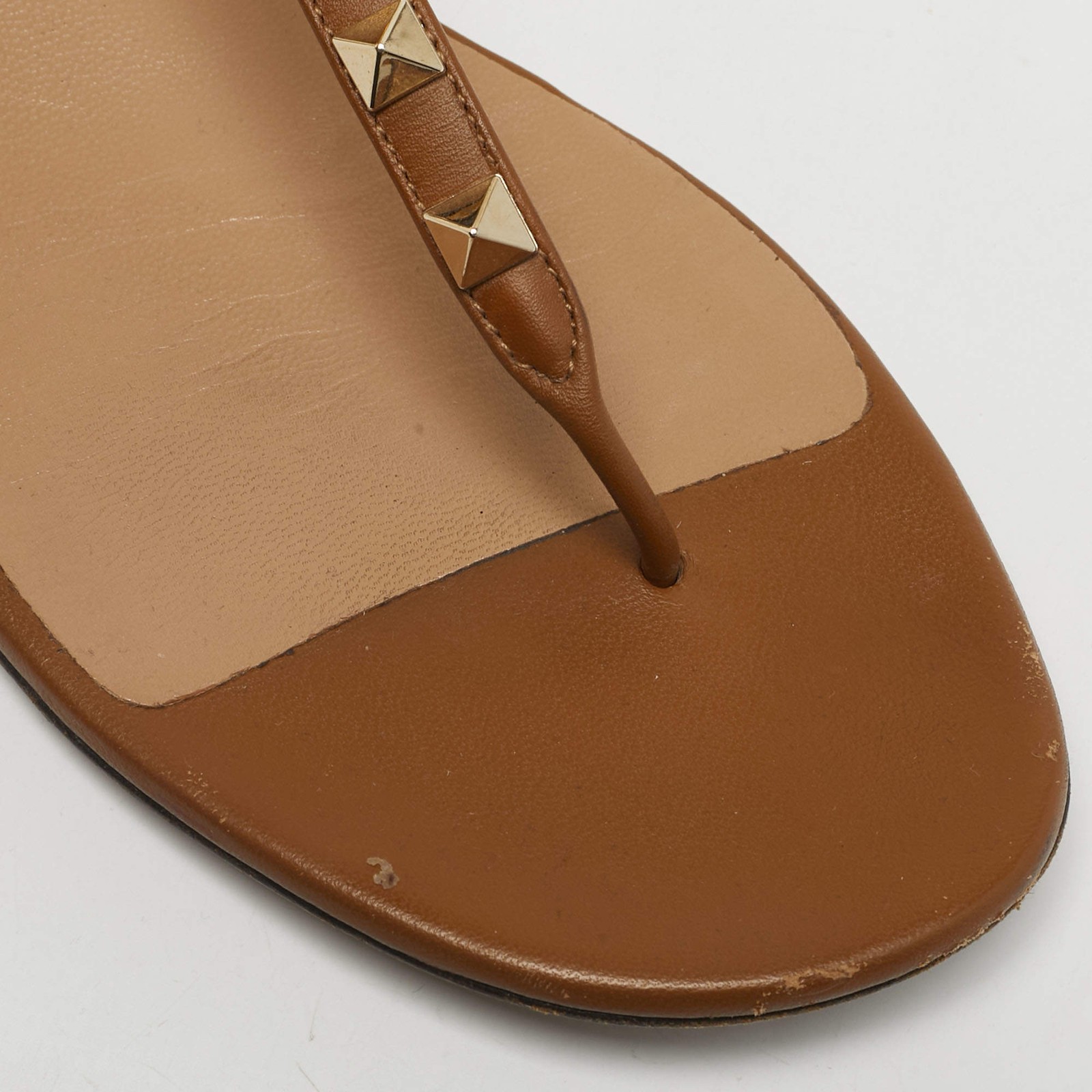 Valentino Brown Leather Rockstud Ankle Strap Thong Sandals Size 36.5