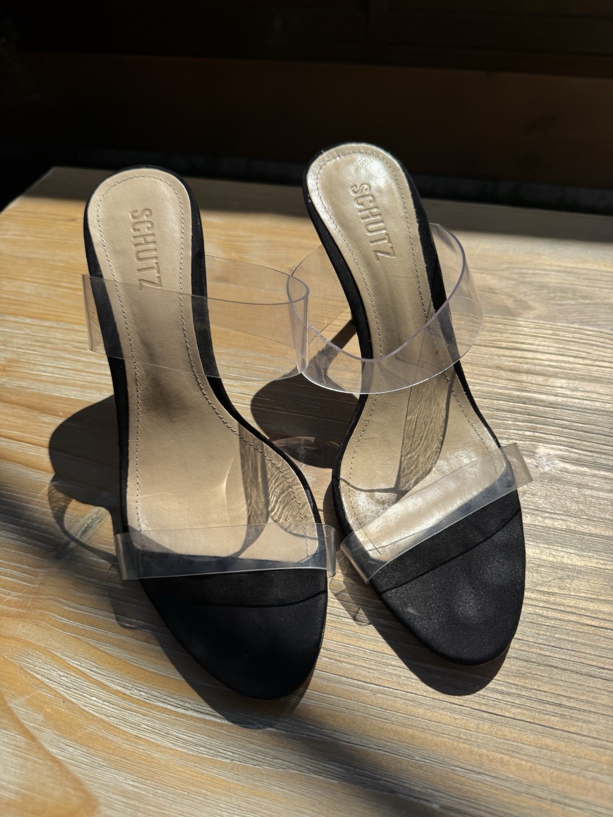 Schutz Women’s Ariella Black Suede Clear Straps Slip on Heeled Sandals~ Size 9b
