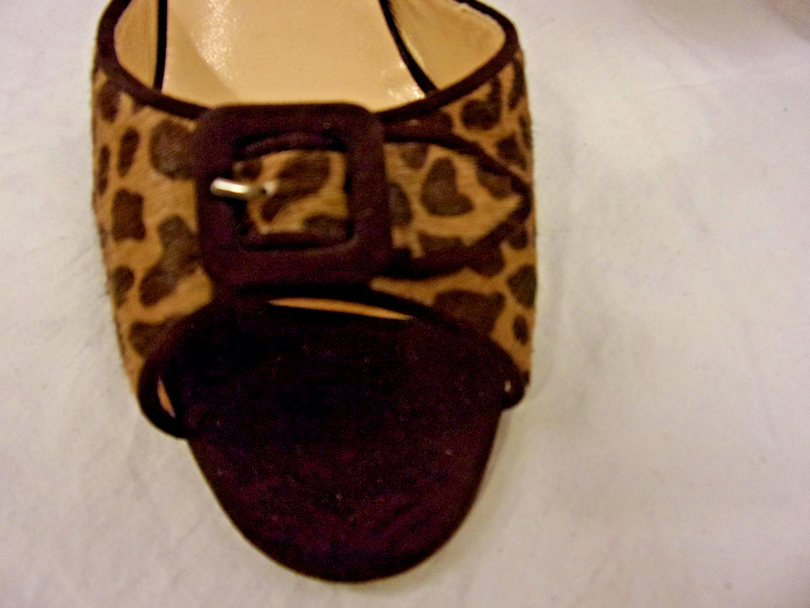 Manolo Blahnik Leopard Calf Hair Peep Toe Buckle Front 37 NWOB
