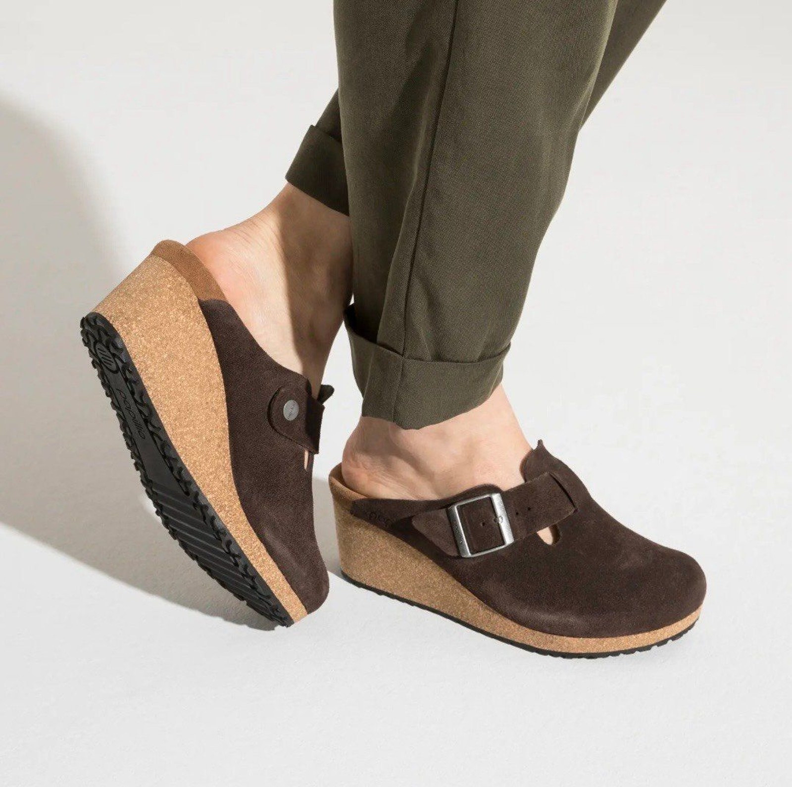 Birkenstock Papillio Fanny Suede Cork Wedge Clogs Dark Brown Size 39 8