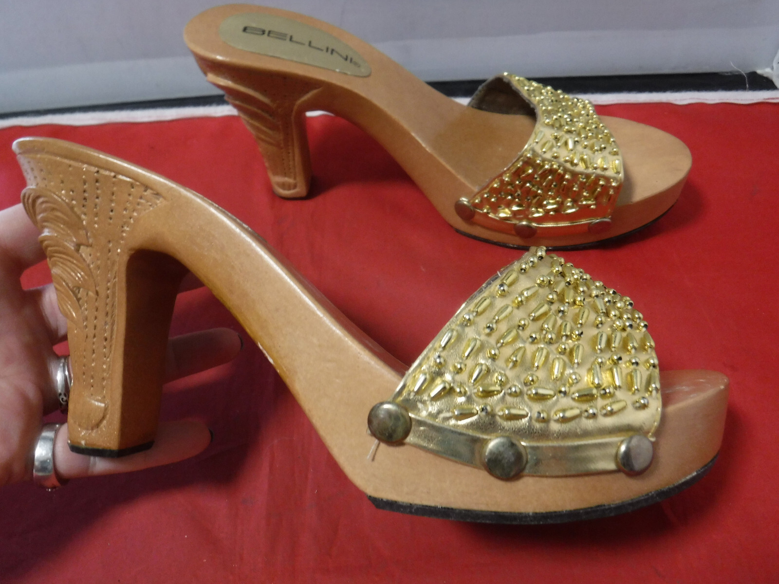 90s Y2K Bellini Lollipop Gold Studded Carved Platform Chunky Sandals Heels 10 W
