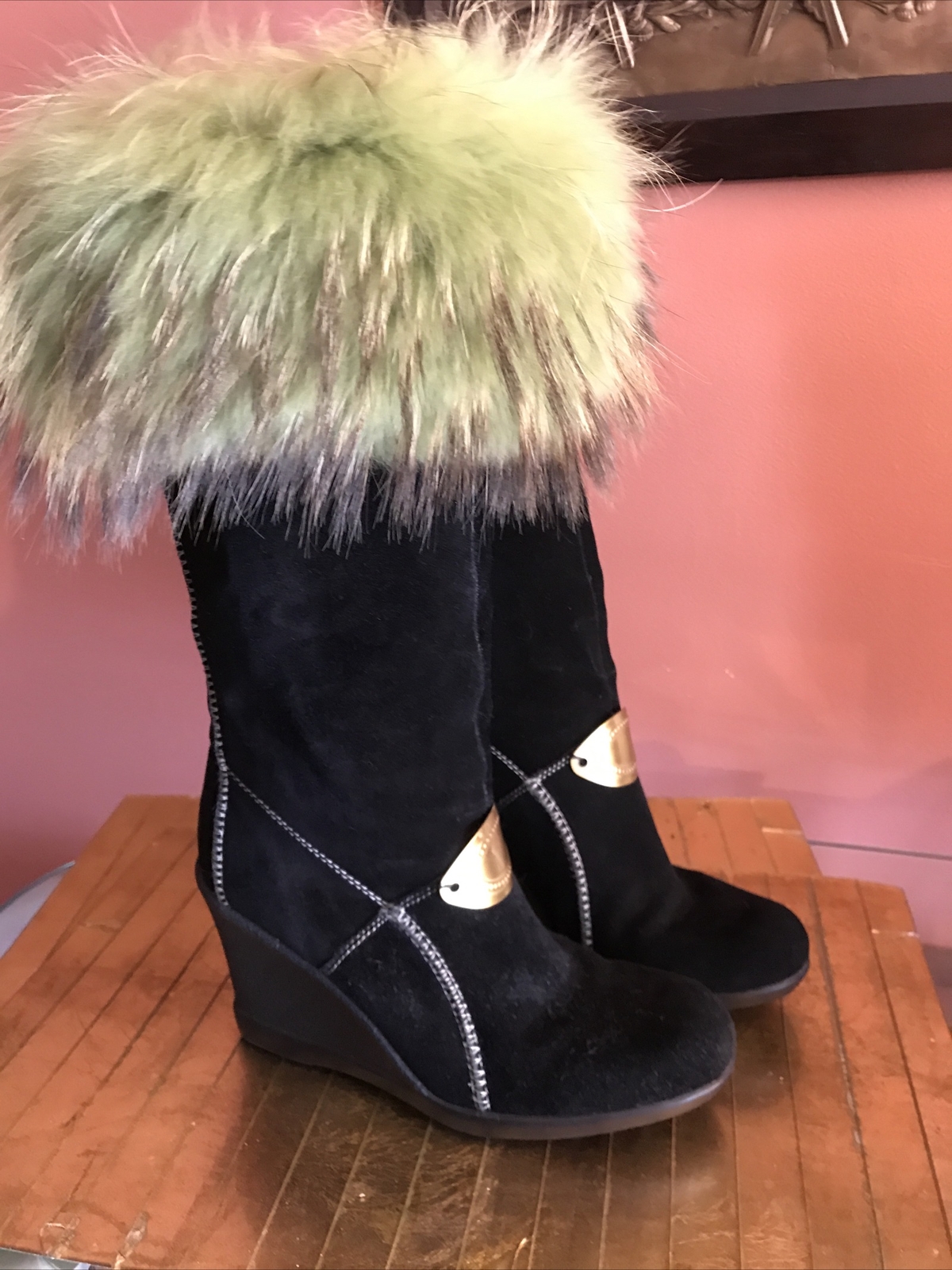 Handmade GORGEOUS BLACK SUEDE & FOX NATURAL FUR wedge BOOTS sz US 7.0