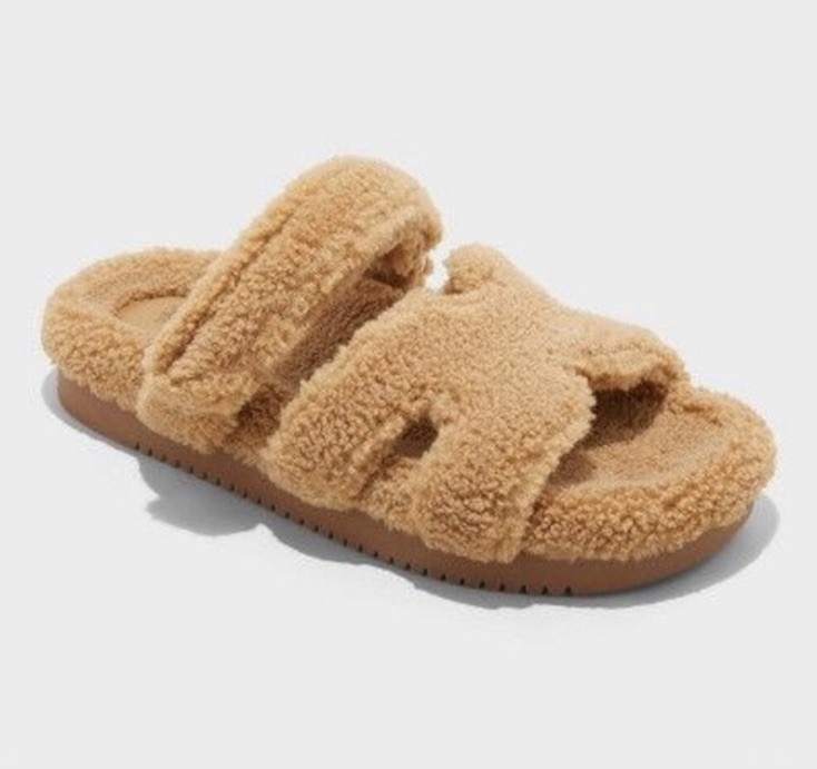 Wild Fable Hayley Tan Faux Shearling Slide Sandals Hook & Loop Adjustable