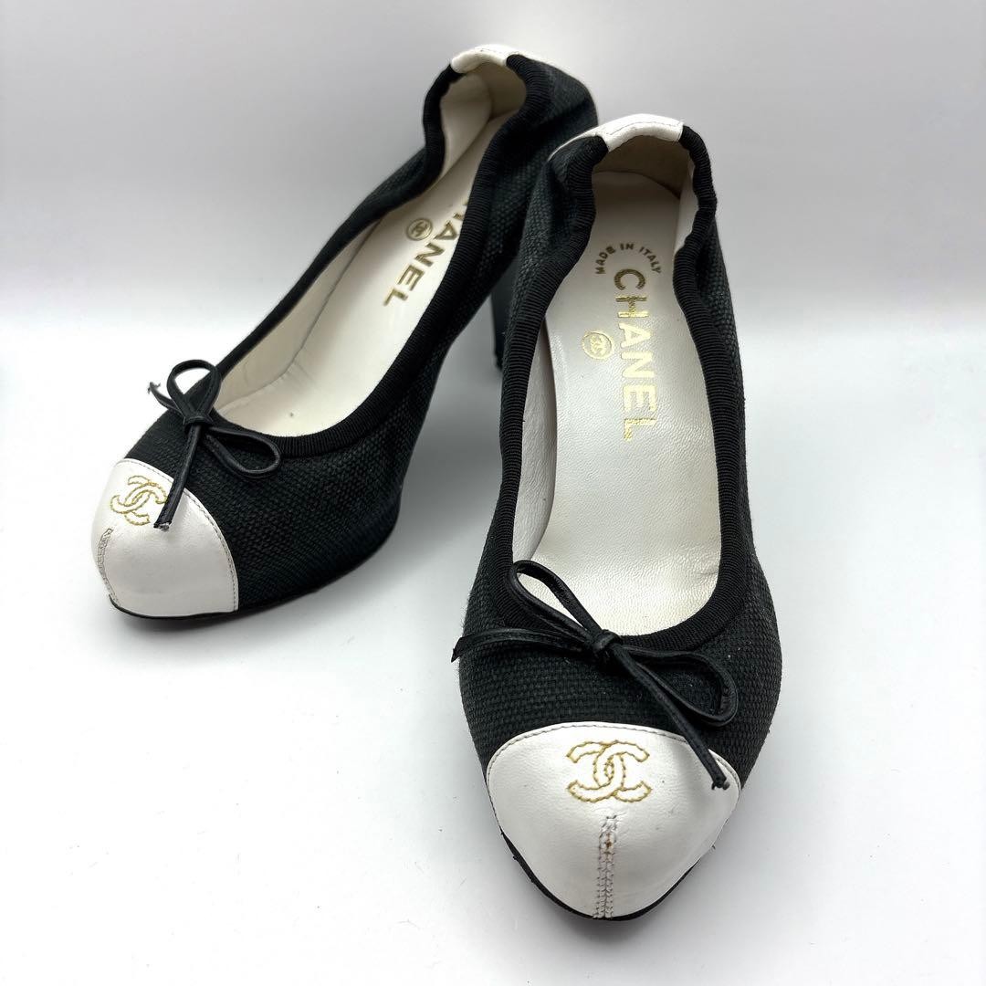 CHANEL Cocomark Pumps Bicolor Black White Women’s Heel Size EU35/US4.5