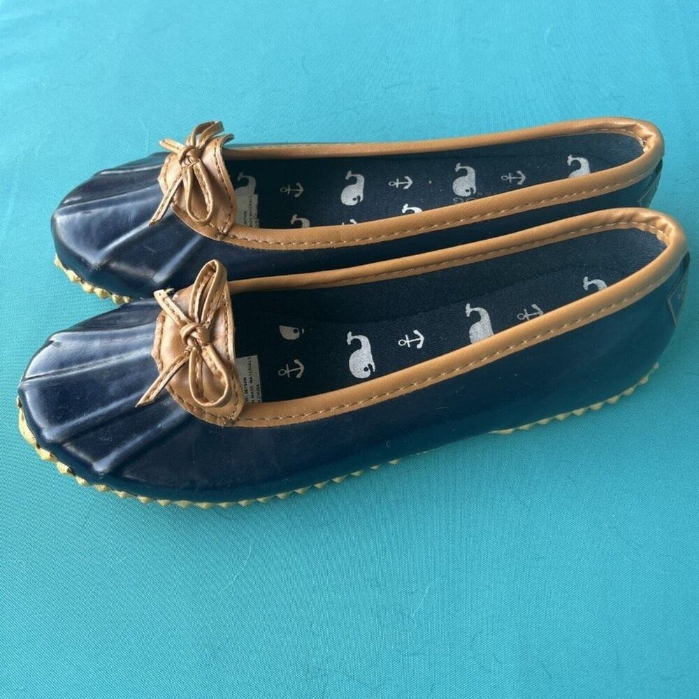 London Fog Women’s Webster Duck Rain Shoes Blue Brown Slip On Bow Size 6 M EUC