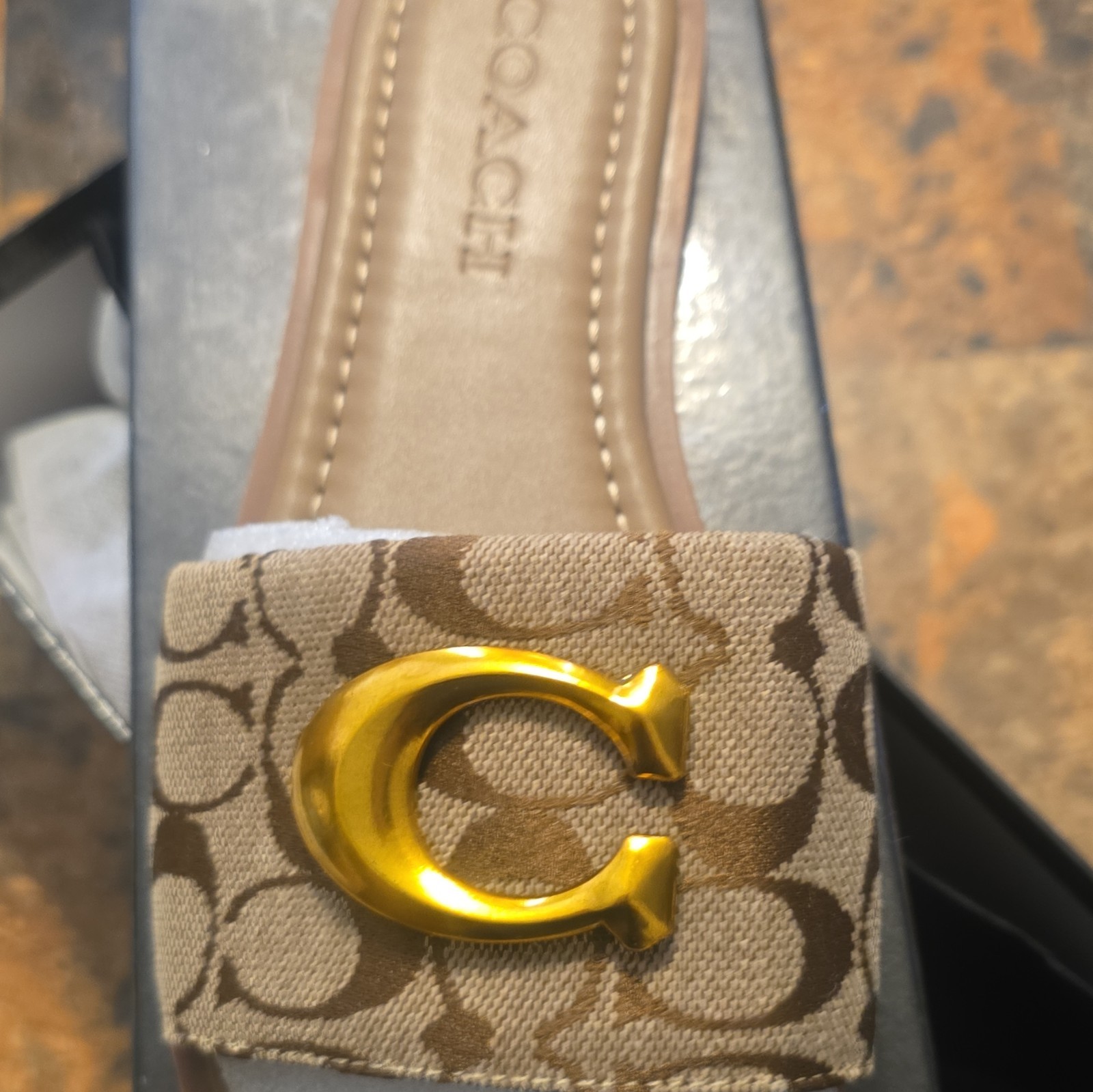 Coach Women’s Brown/Beige/Gold Logo Slide Sandals Slip-On Canvas/Leather US 11