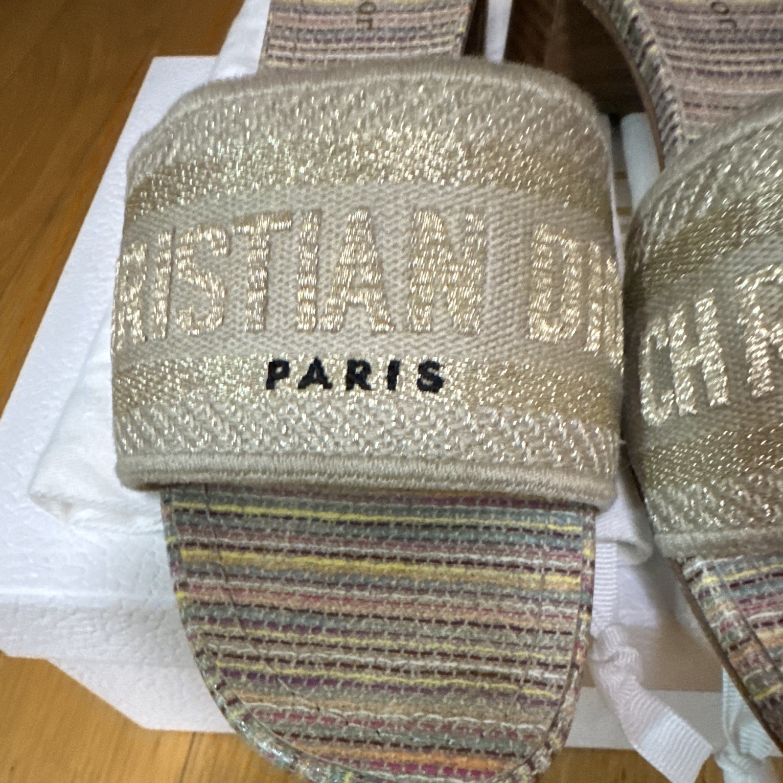 Christian Dior Women’s Gold Logo Striped Fabric Slip On Slide Sandals US 8.5