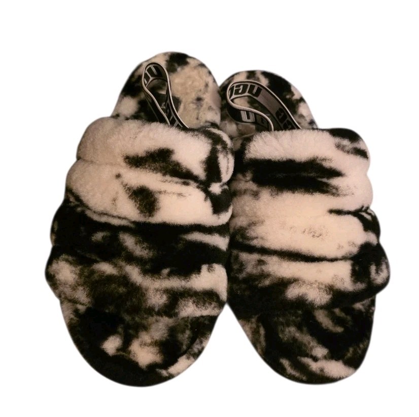 UGG Fluff Yeah Black White Marble Slide Slipper Women 8 Y2K Streetwear Cozy