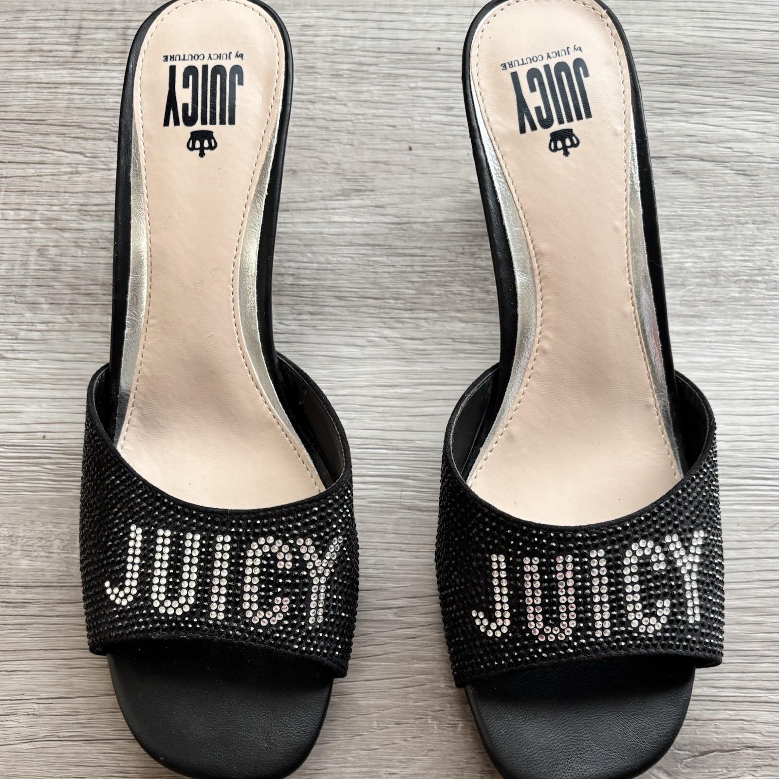 Juicy Couture Crystal Logo Black High Heel Sandals Bling Slip On -Zazzle 8.5 EUC