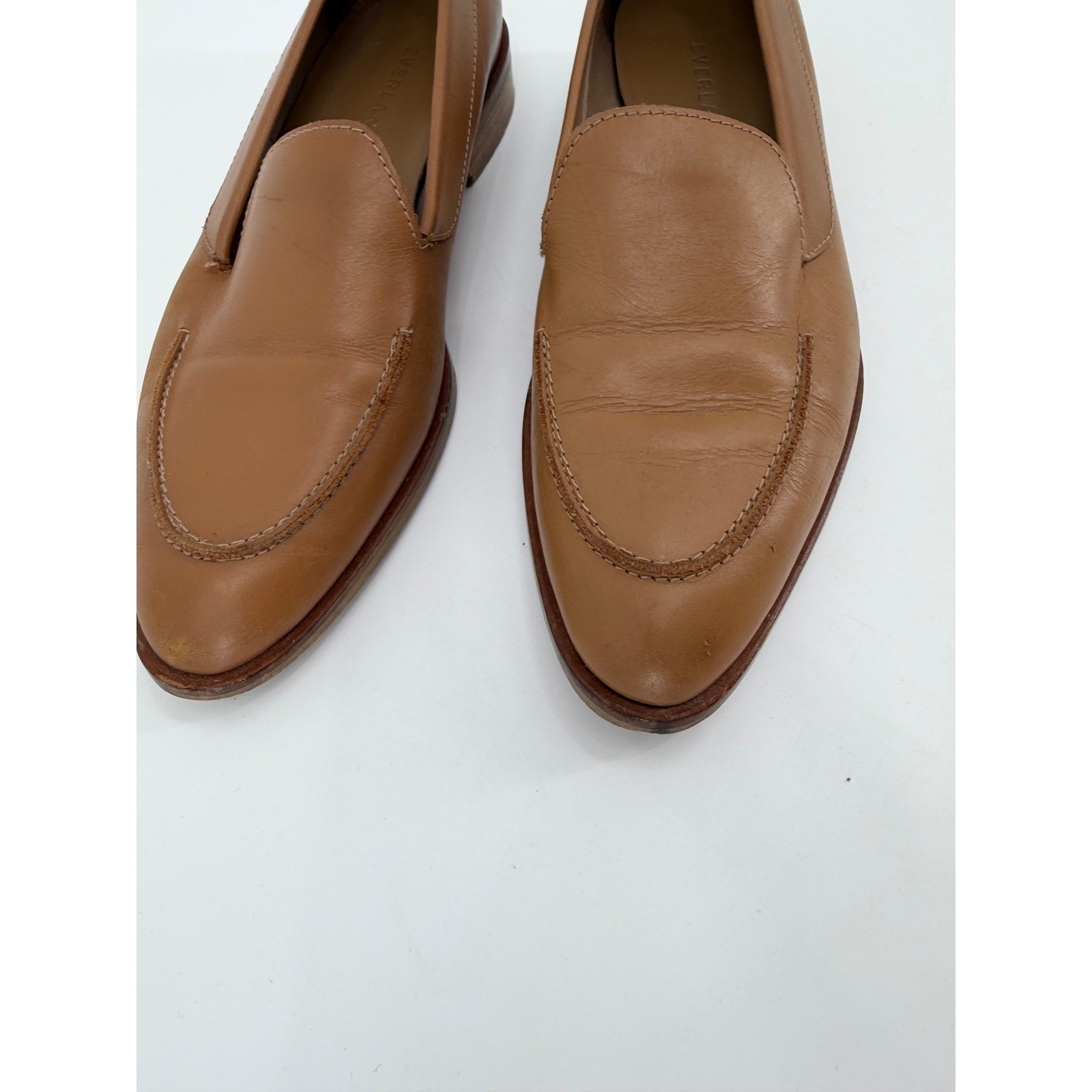 Everlane Modern Loafer Tan Cognac Leather Made in Italy Almond Toe Flat Shoe 5.5