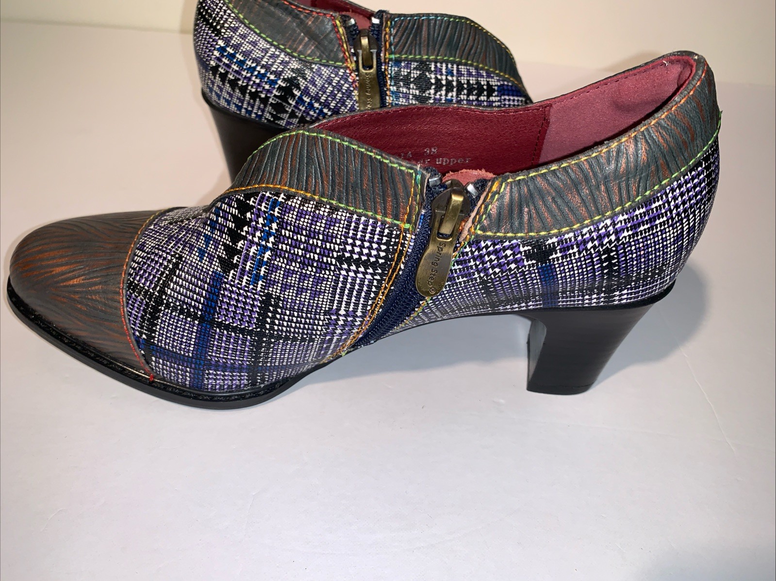 L’Artiste MAZOYA Spring Step BROWN MULTI w/Plaid Ankle BOOTS Size EU 38