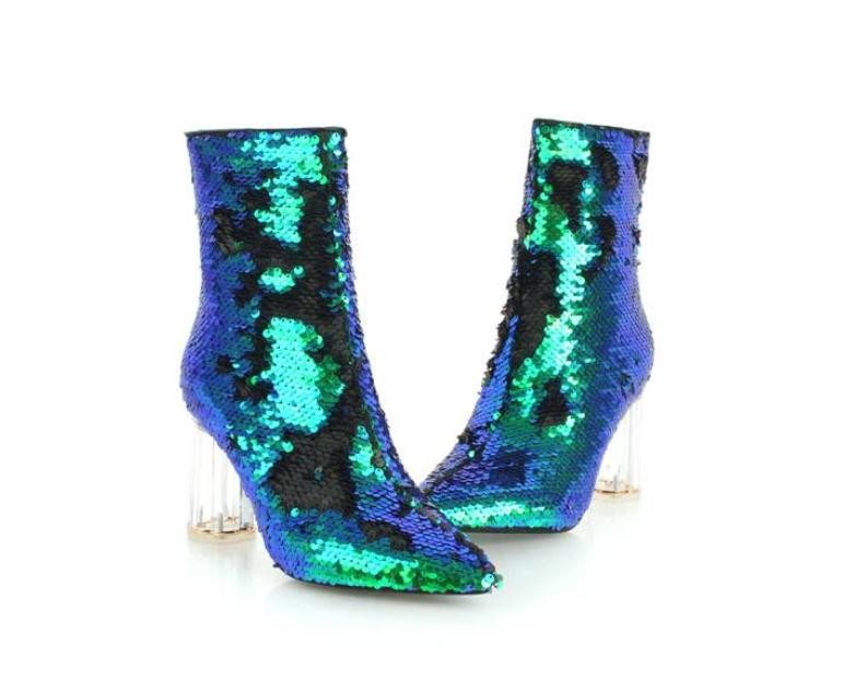 Womens Sequin High Heel Pointed Toe Zip Ankle Boots Casual Prom Club Party Shoes