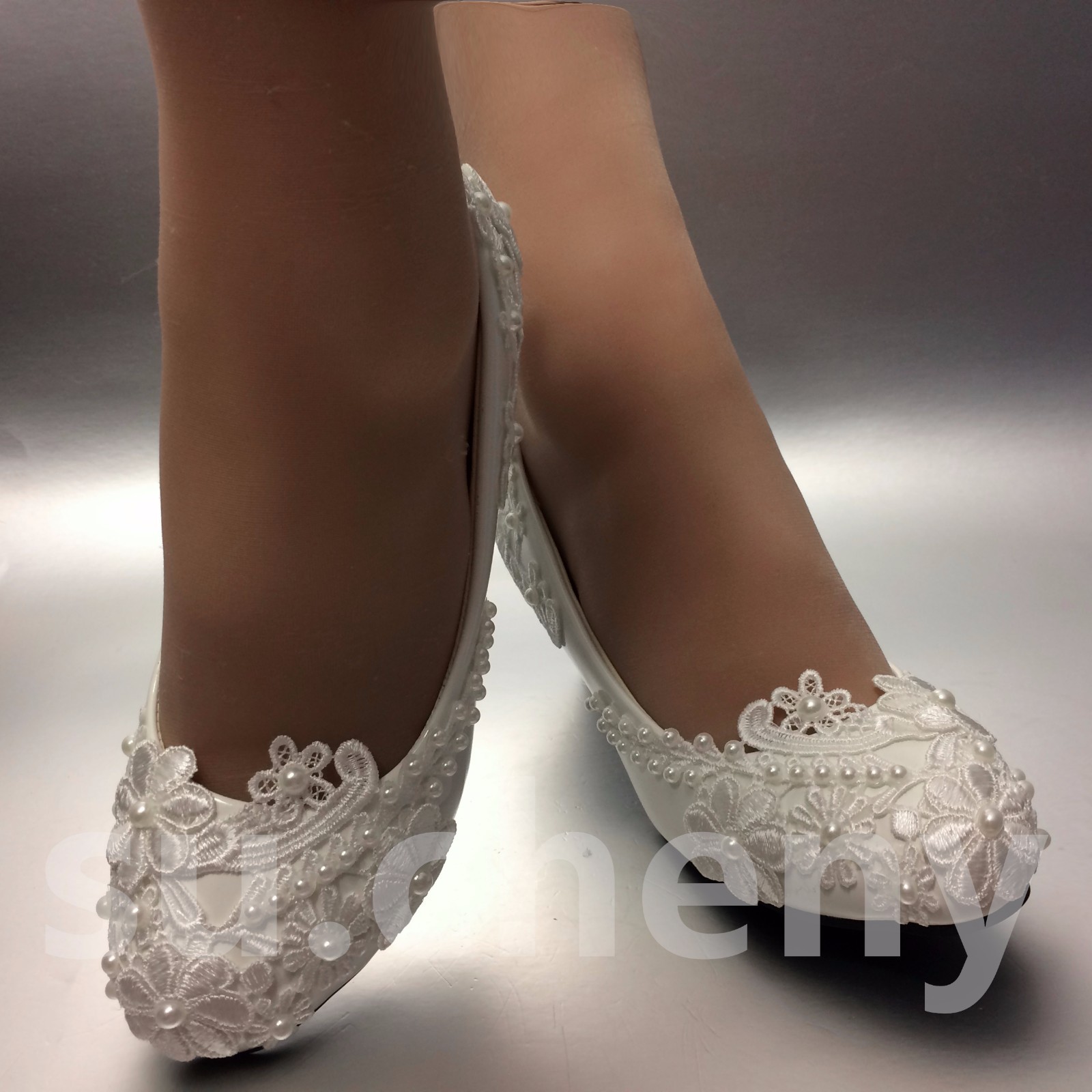 su.cheny Lace white ivory pearls flats low high heel pumps Wedding Bridal shoes