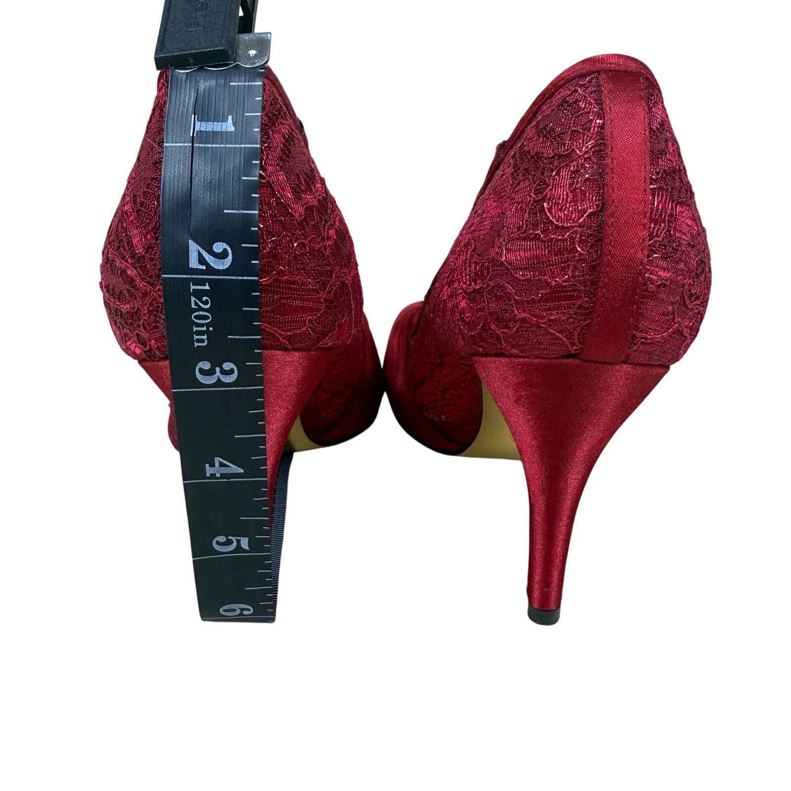 Adrianna Papell Heels Women’s 8 Red Satin Lace Peep Toe Leather Sock Stiletto