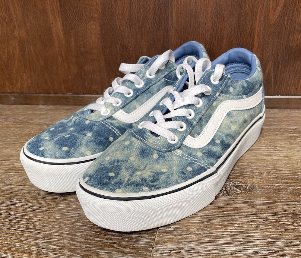 Vans Womens Old Skool Blue Denim Polka Dot Sneakers Size 8.5 Platform Shoe Clean