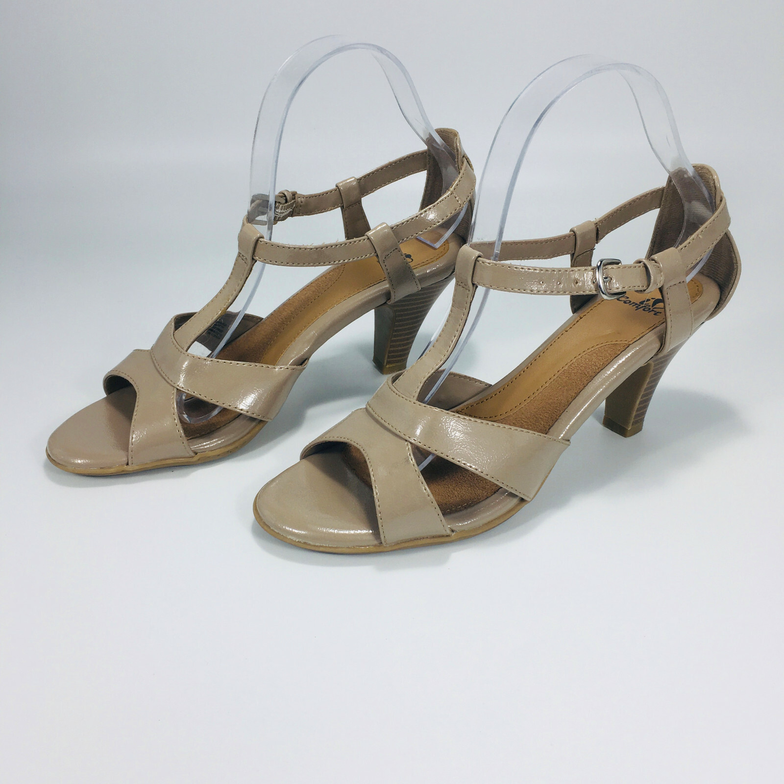 I Heart Comfort Open Toe Ankle Buckle Strap Amity Heels Women’s Taupe SZ 9 M