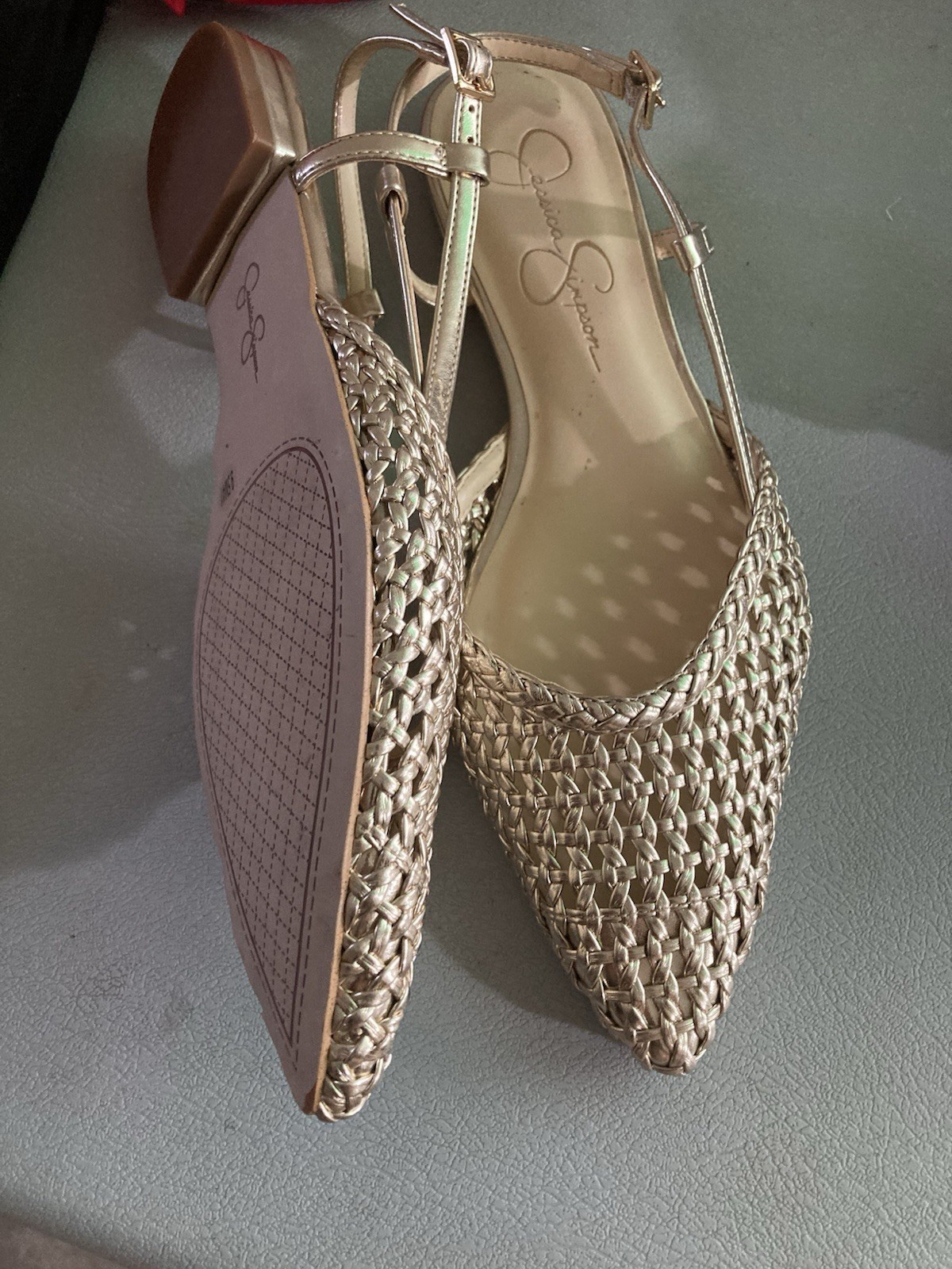 NEW JESSICA SIMPSON Gold Woven Pointed-Toe Slingback Heels Women’s Size 9.5M