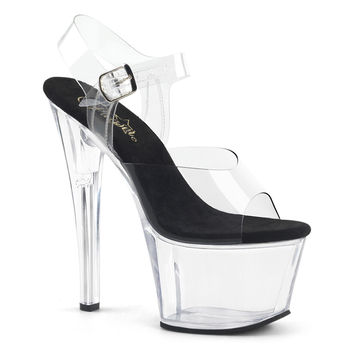 Pleaser SKY-308 7″ Heel Ankle Strap PF Sandal, Clear/Black, Size US Women’s 12