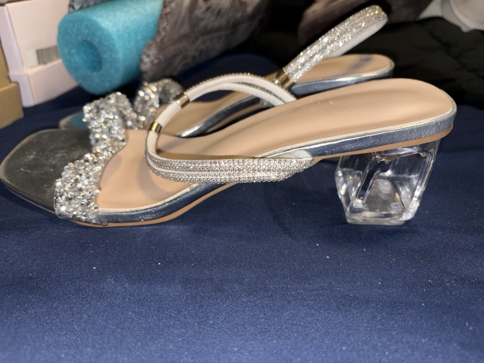 Women’s Silver Rhinestone Glitter Slide Sandals, Slip-On Strappy, Size 9.5