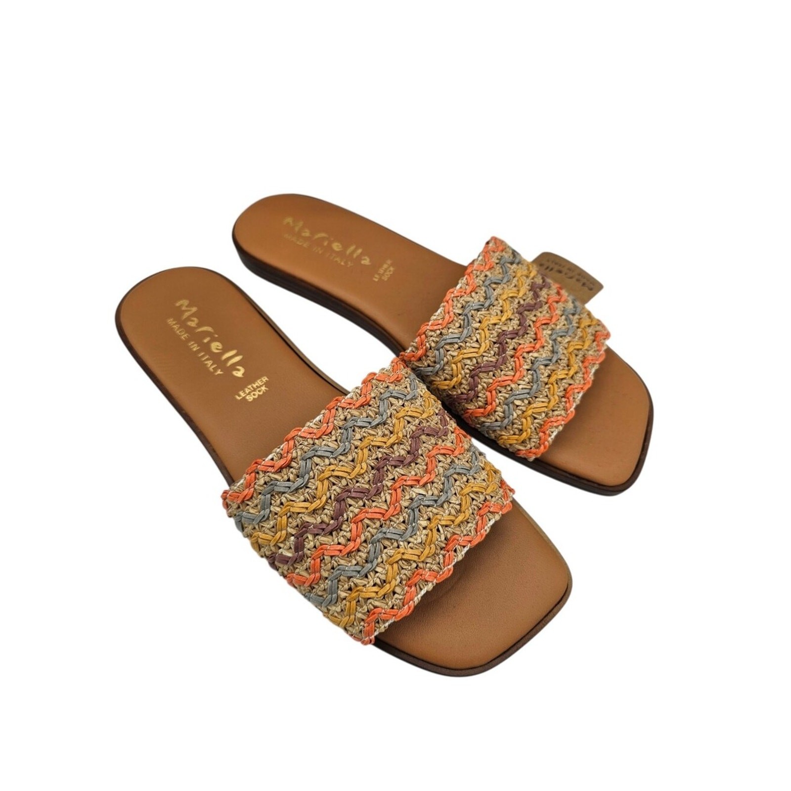 Mariella Multicolored Chevron Woven Raffia Leather Flat Slide Sandals Womens 8