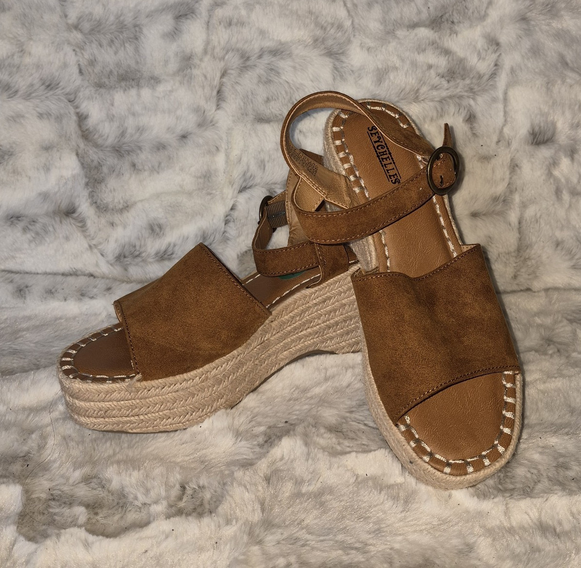 Seychelles Brown Suede Wedge Espadrille Sandals Ankle Strap Buckle US 7