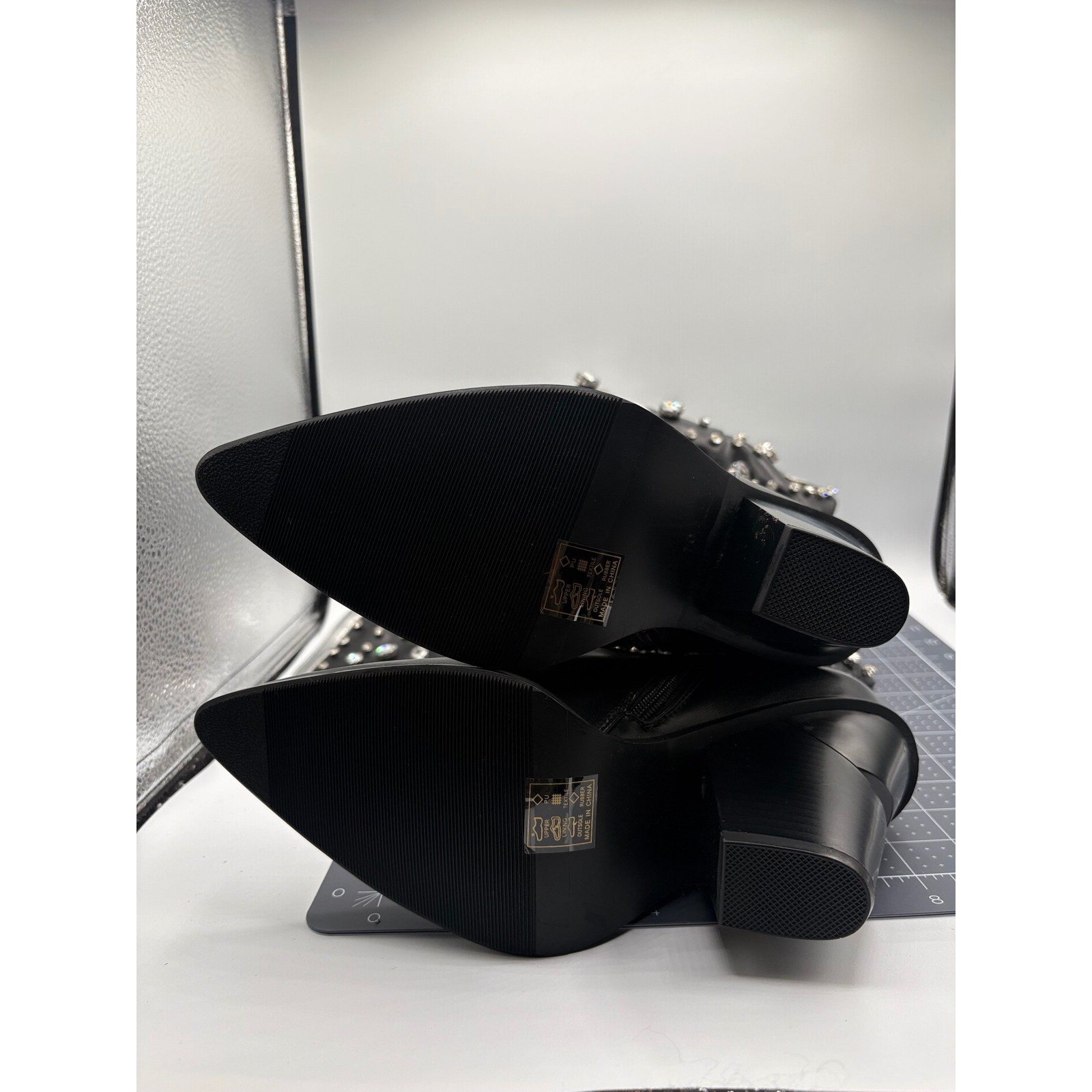 Black Rhinestone Studded Western Boots Silver Wing High Pointed Toe Block Heel