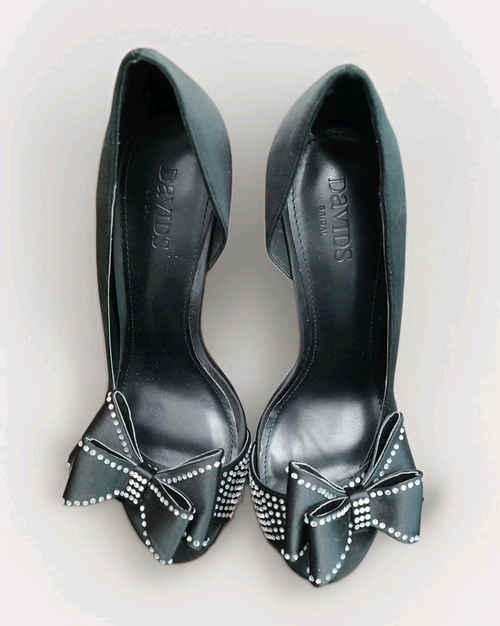 David’s Bridal Izzie Black Satin Peep-toe heels Rhinestone-emb Bow D’Orsay Style