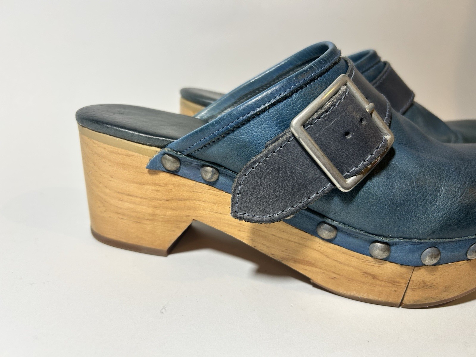 Free People Culver City Clogs Teal Blue Leather Wood Platform Buckle Studded 9