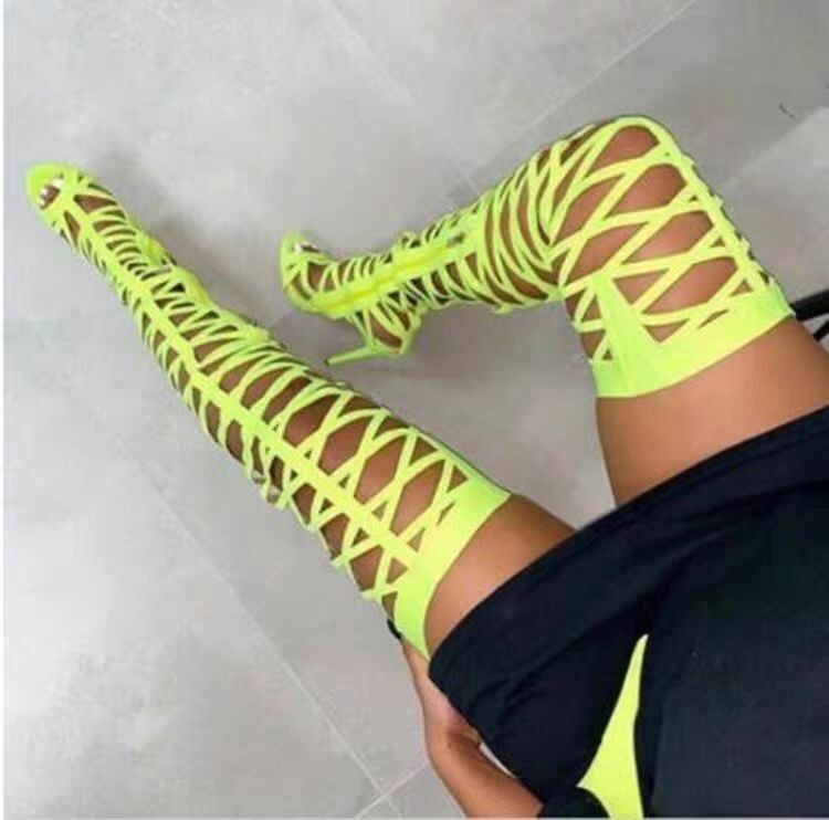 Women Boots Neno Bright Fishnet Crotch Thigh High Boots With Waist Belt Open Toe