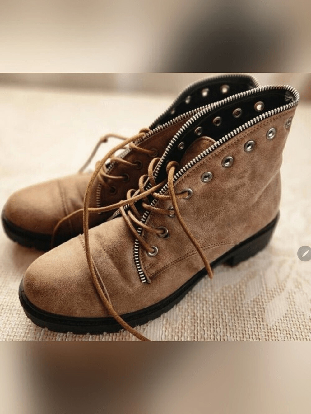 Cupid faux Leather Lace-Up Ankle Boots in Taupe w metal eyelets and zipper trim