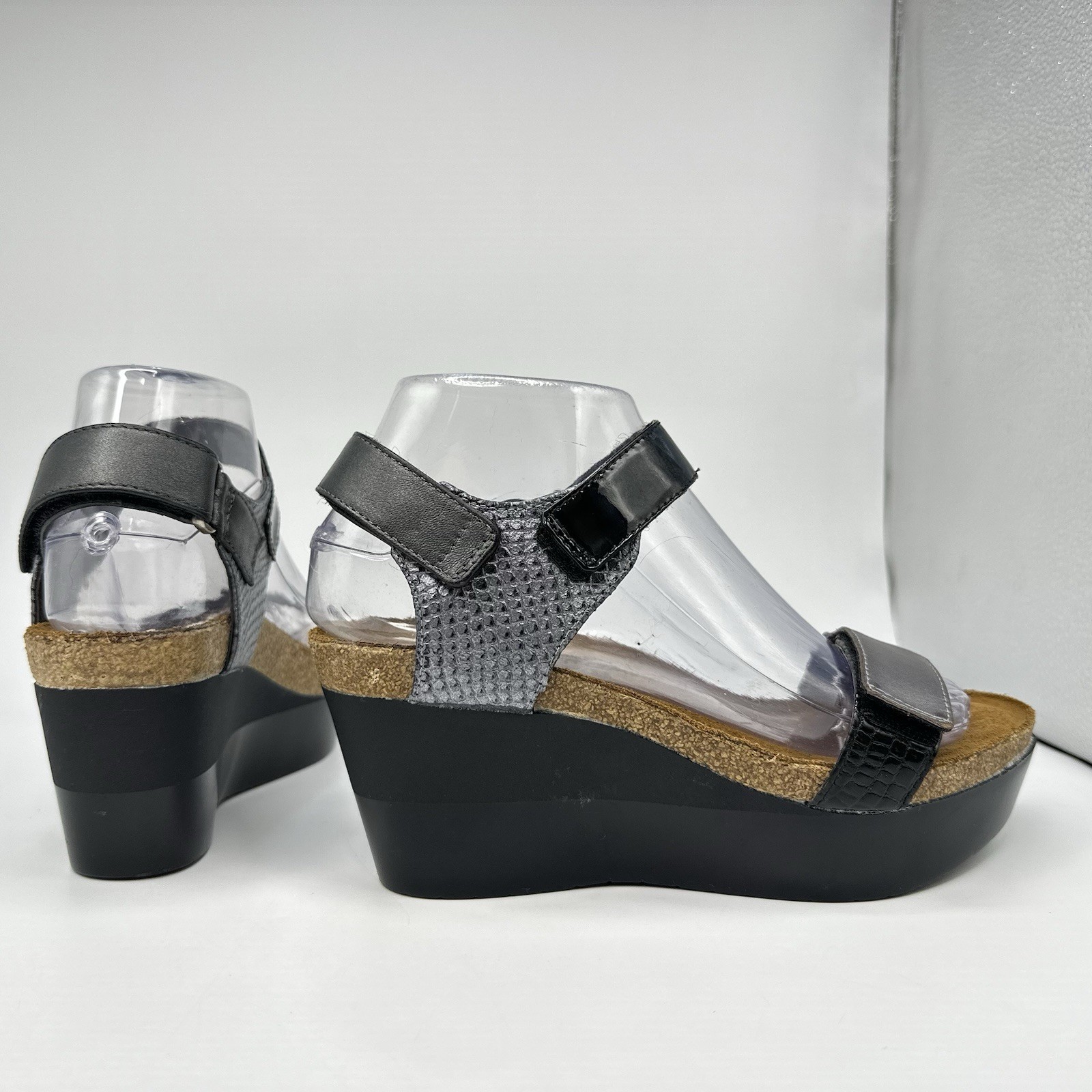 Naot-Miracle Women 6 US EUR 37 Pewter Black Cork Wedge Adj Ankle Strap