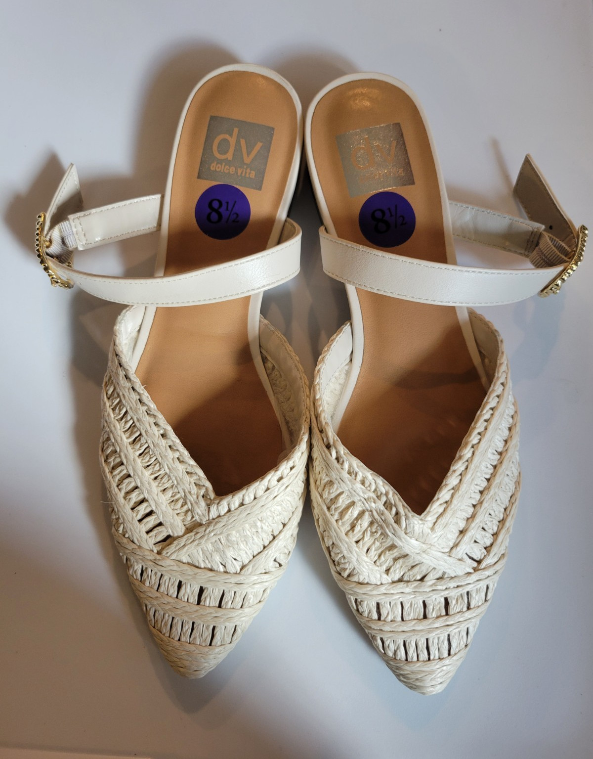 Dolce Vita Beige Woven Raffia Pointed Toe Slingback Buckle Block Heel 8.5