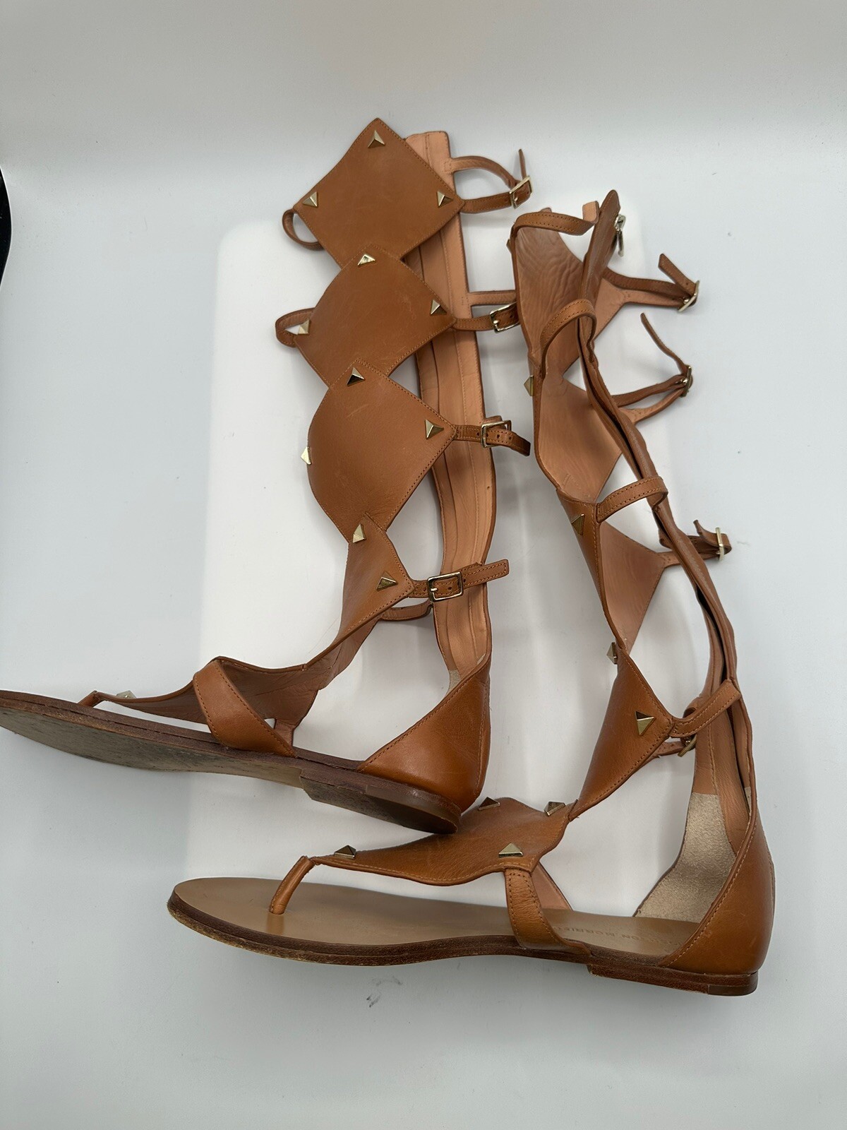 SIGERSON MORRISON BASPER TAN LEATHER STUDS KNEE HIGH GLADIATOR SANDAL WOMEN SZ 9