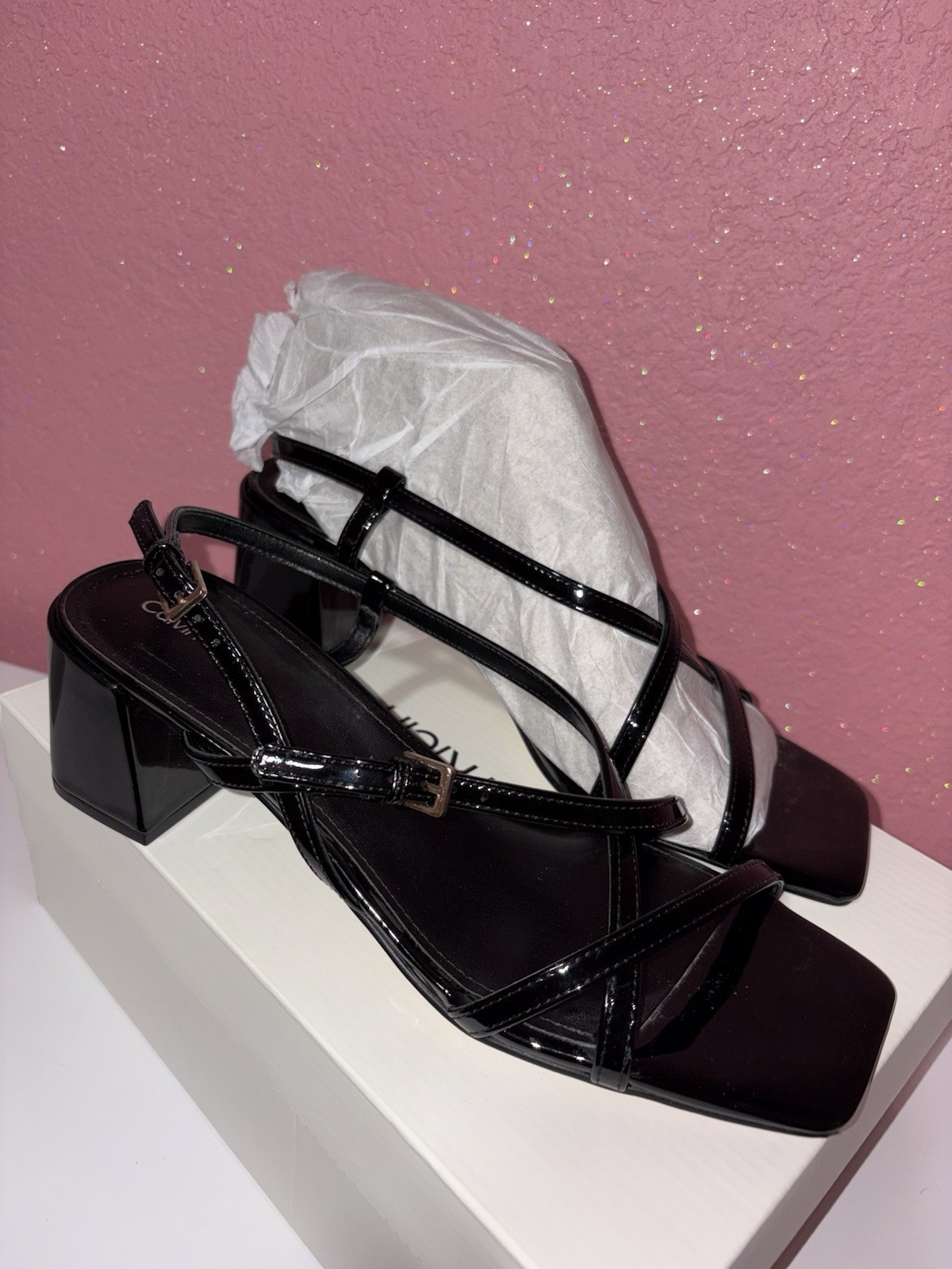 Calvin Klein Black Patent Leather Strappy Ankle Strap Square Toe Heel 10M