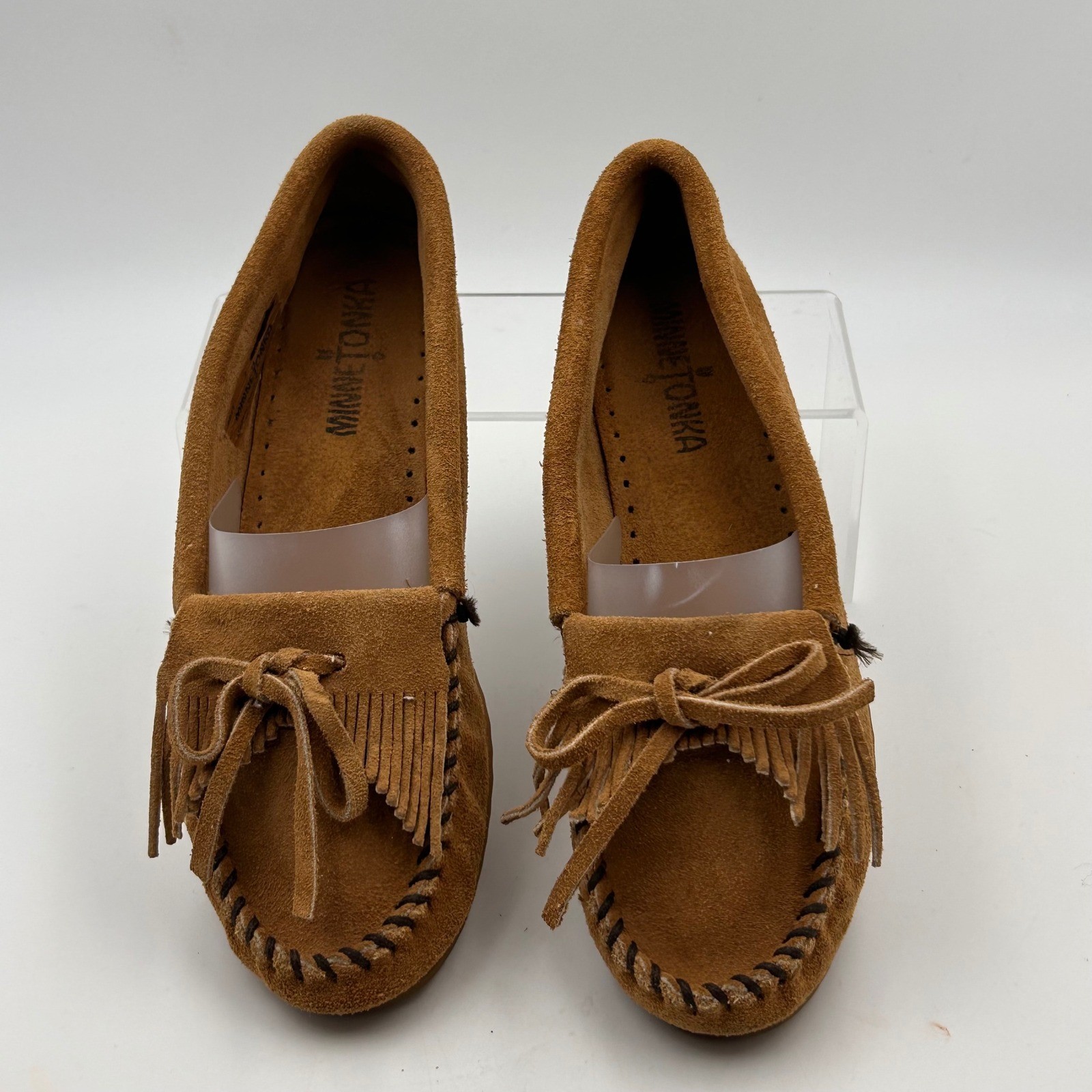 Minnetonka Kilty Moccasin Women 7 Tan Suede Fringe Flat 407T Boho Western Indie