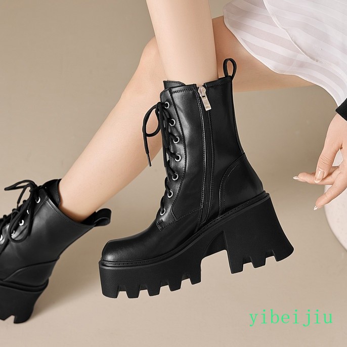 Womens Ankle Boots Thick Sole Platform High Block Heel Cow Leather Lace Up Shoes