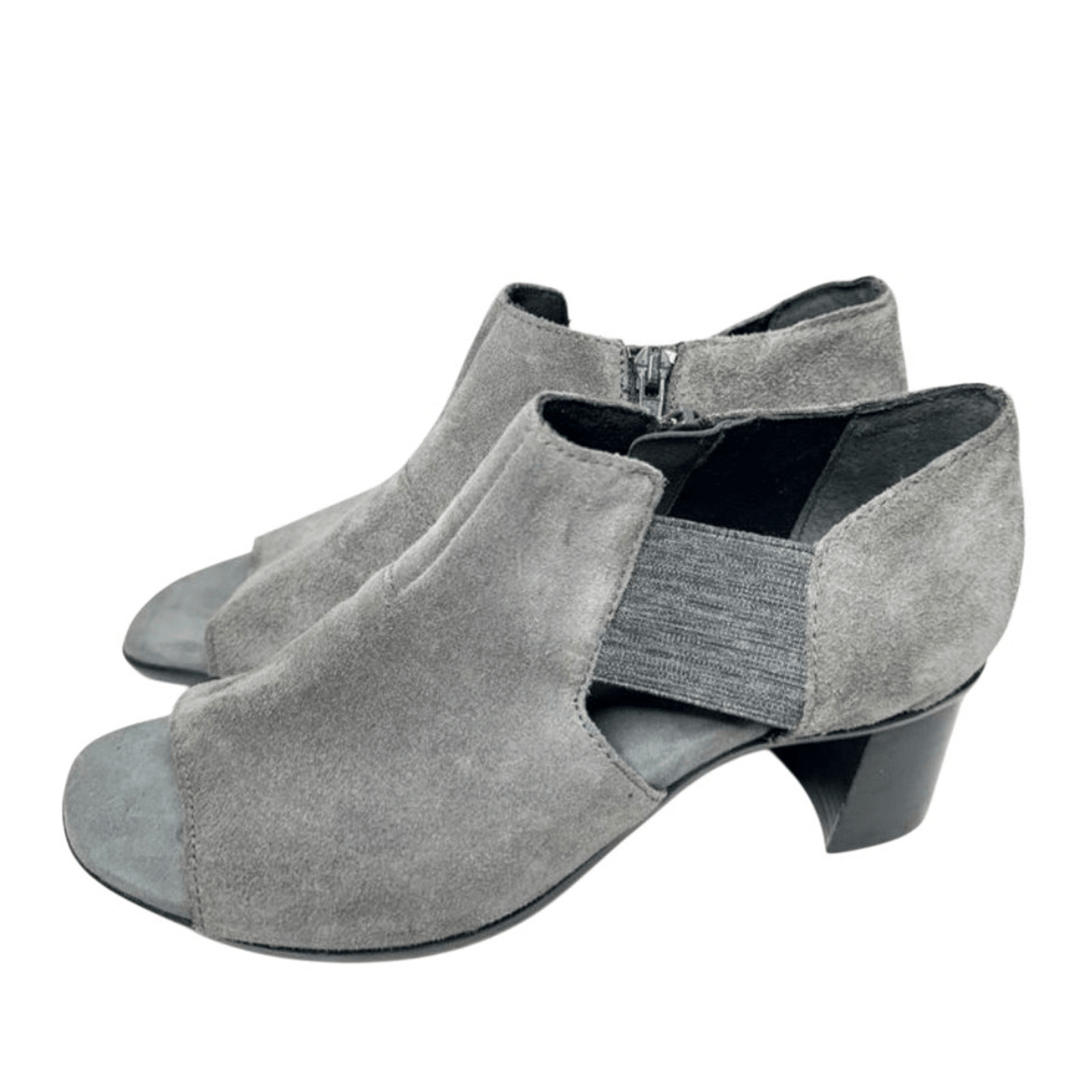 Munro Booties Size 6.5 Suede Sable Ash Gray Open Toe Block Heel