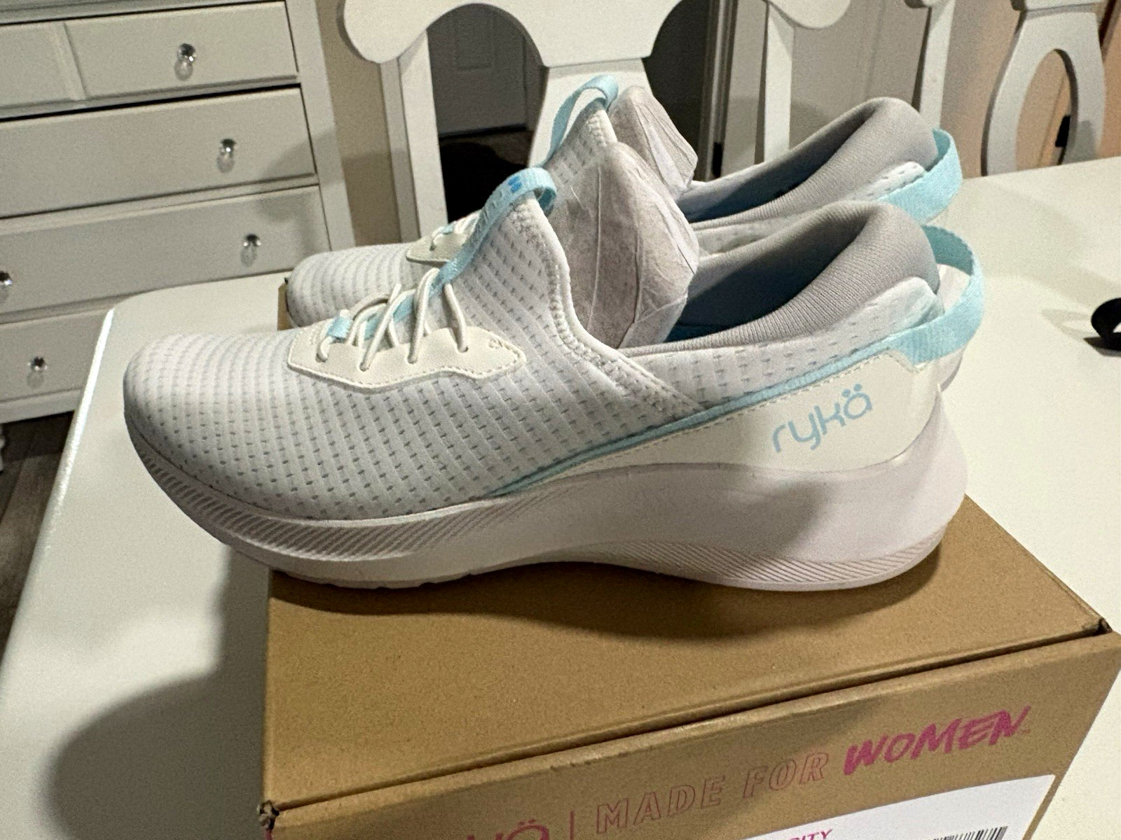 Ryka Ferocity Women’s White/Blue Knit Lace-Up Athletic Sneaker