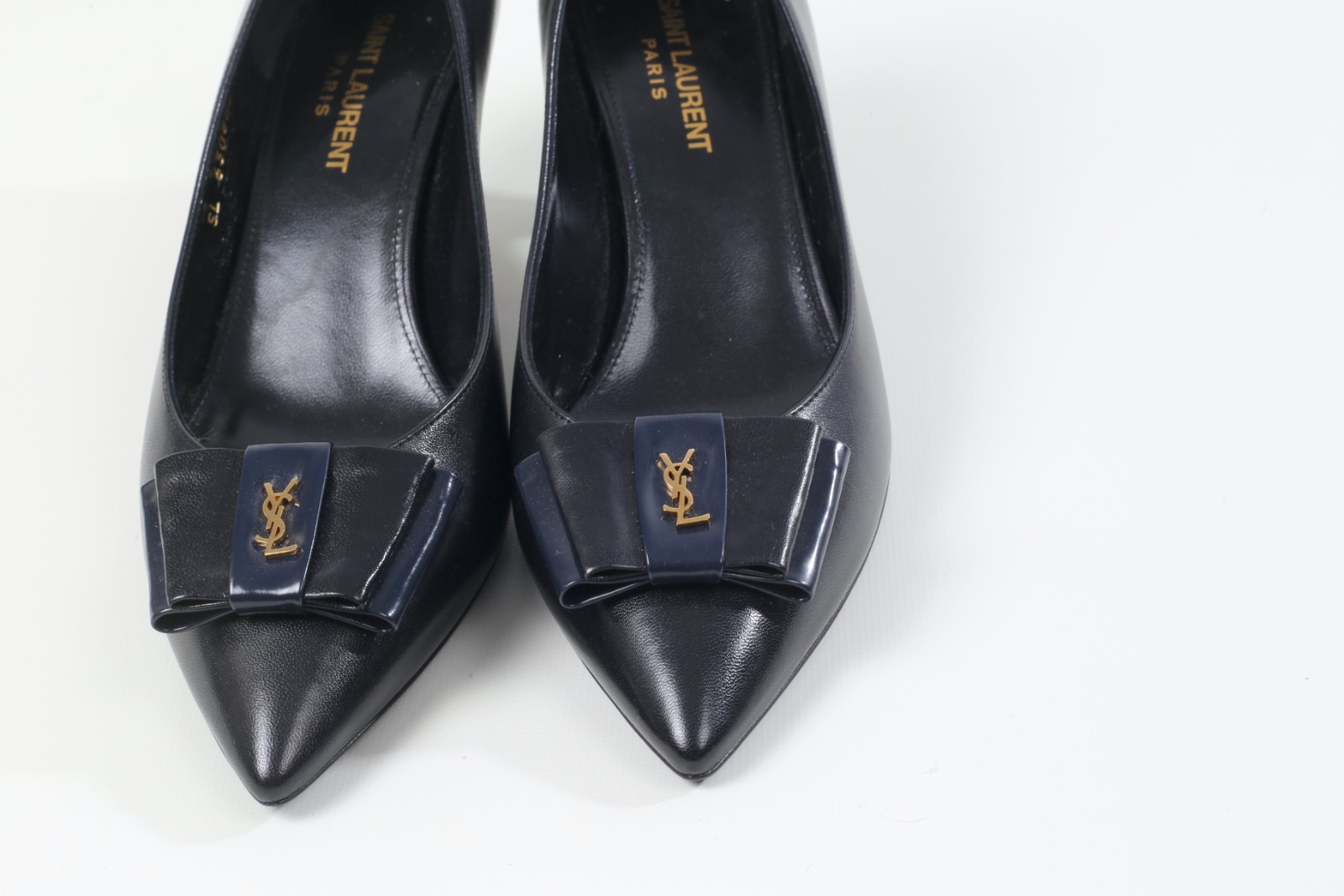 Saint Laurent Anais Logo Black Leather Bow Pumps Heels Designer EU Size 38 YSL