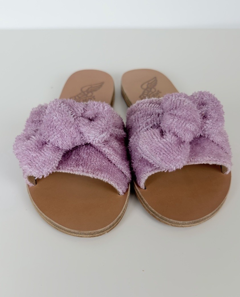 Ancient Greek Sandals Purple Terry Cloth Bow Slide Sandals NWOB Dust Bag EU 37