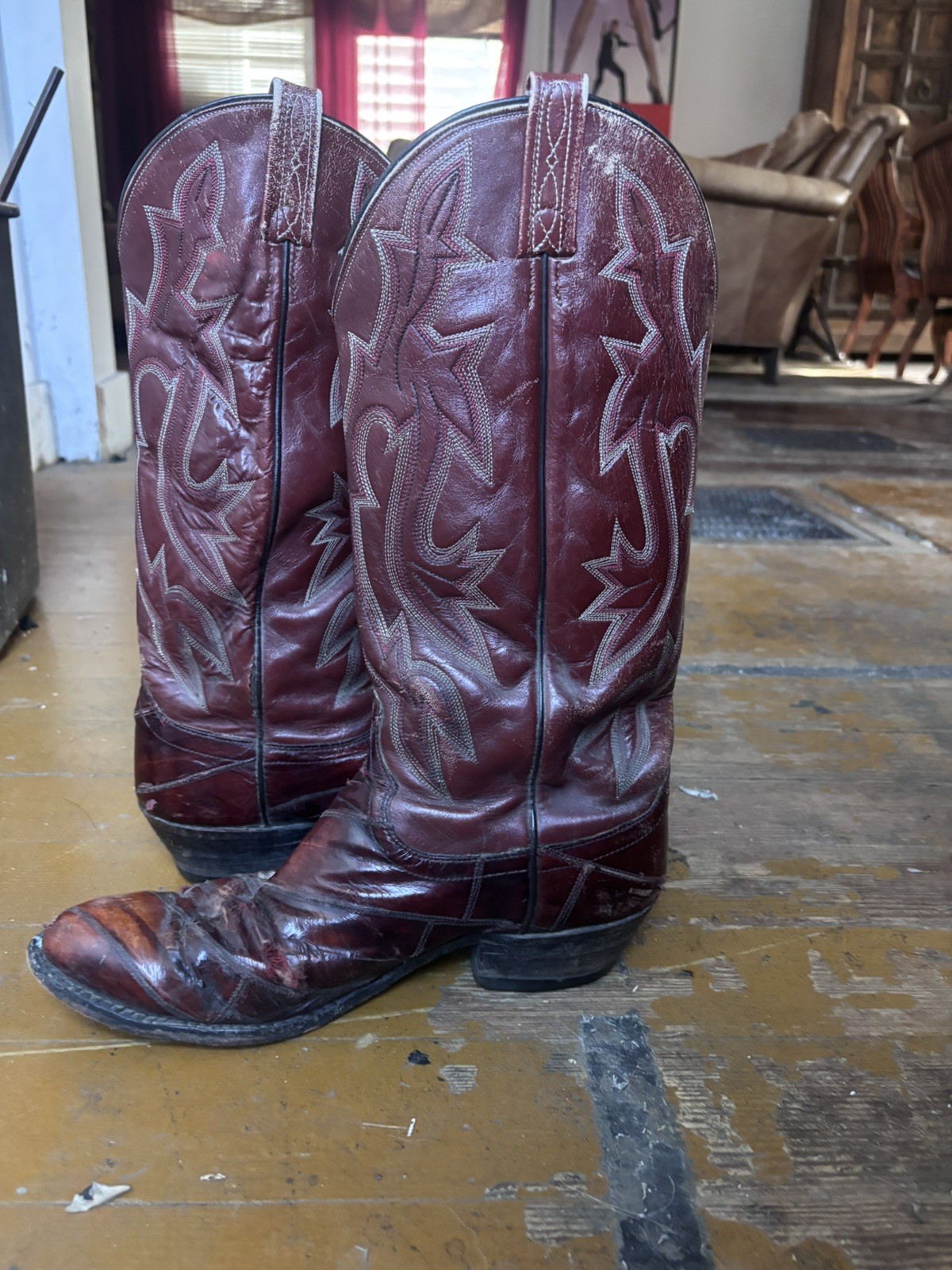 Vintage Tony Lama Eel Skin Western Boots Mens 11 D Red Burgundy Cowboy