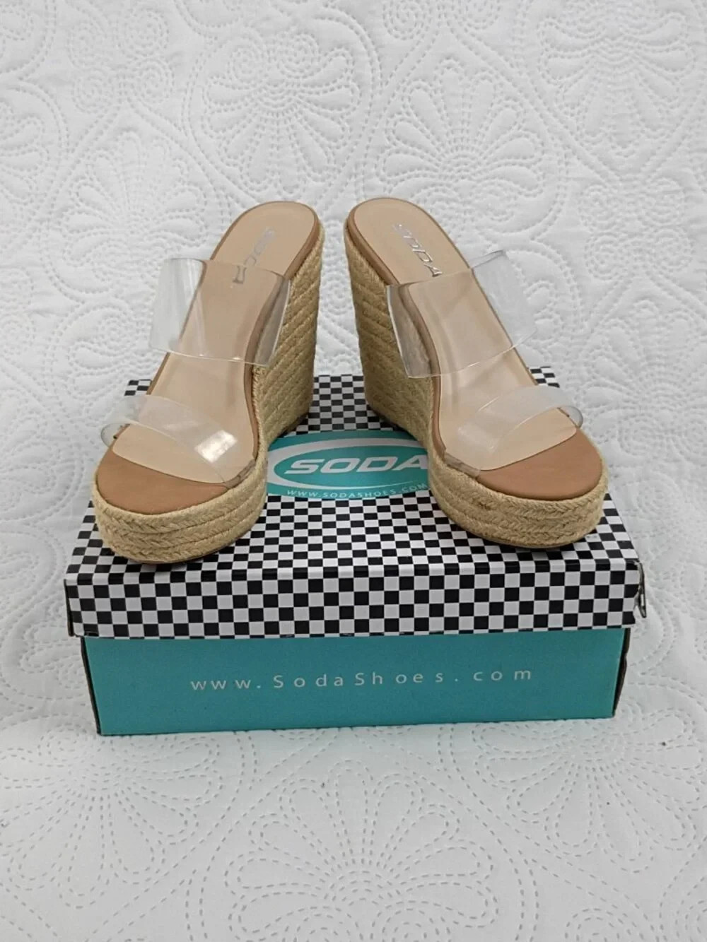 NWOT Soda Clear Strap Espadrille Wedge Sandals Size 7.5 | 5″ Platform Heel