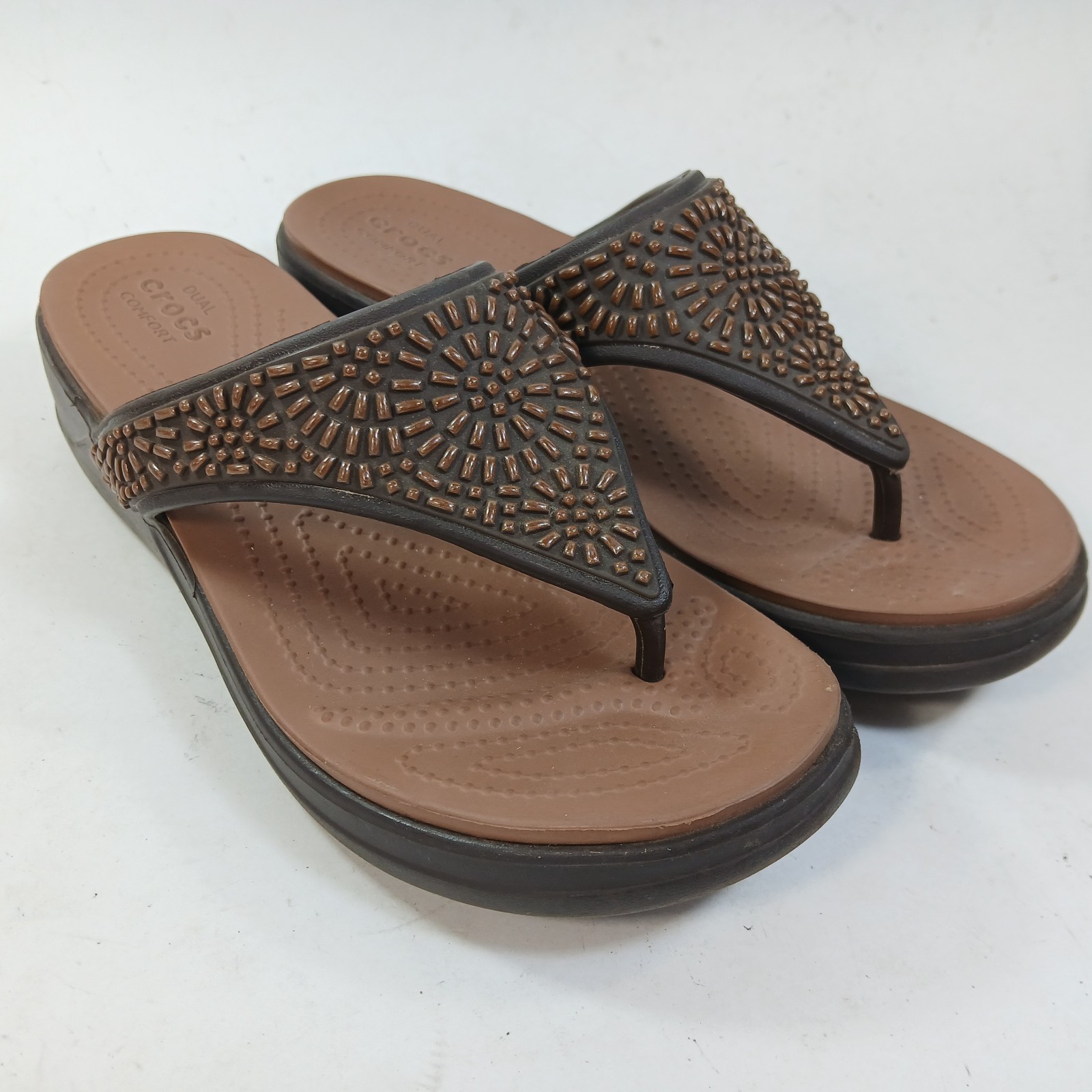 Crocs Monterey Diamante Wedge Flip Flop Sandals Womens Size 7 Espresso