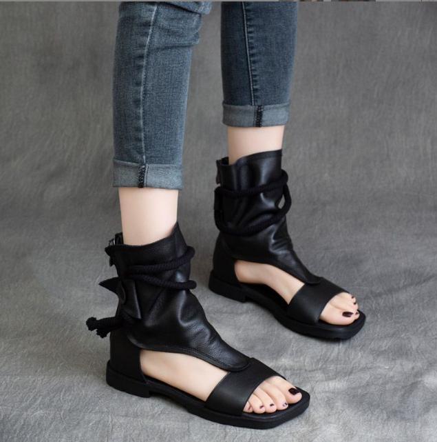 Women’s 100% Real Leather Retro Gladiator Soft Roman Sandals Ankle Boots Shoes