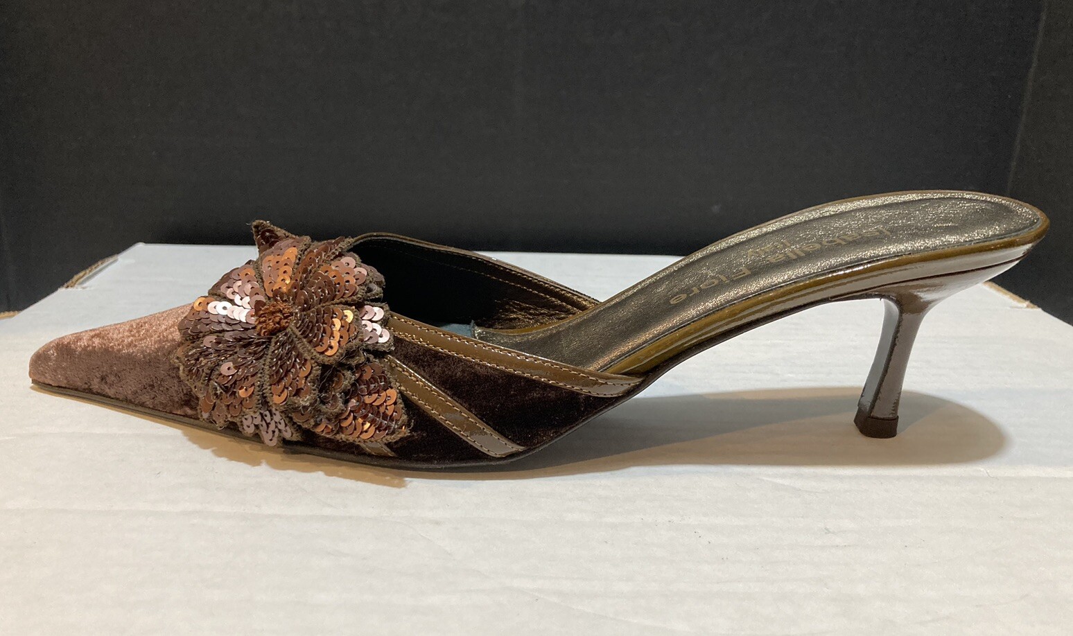 Isabella Fiore Italian Velvet Leather Mules Chocolate Sequin Floral Kitten Heels