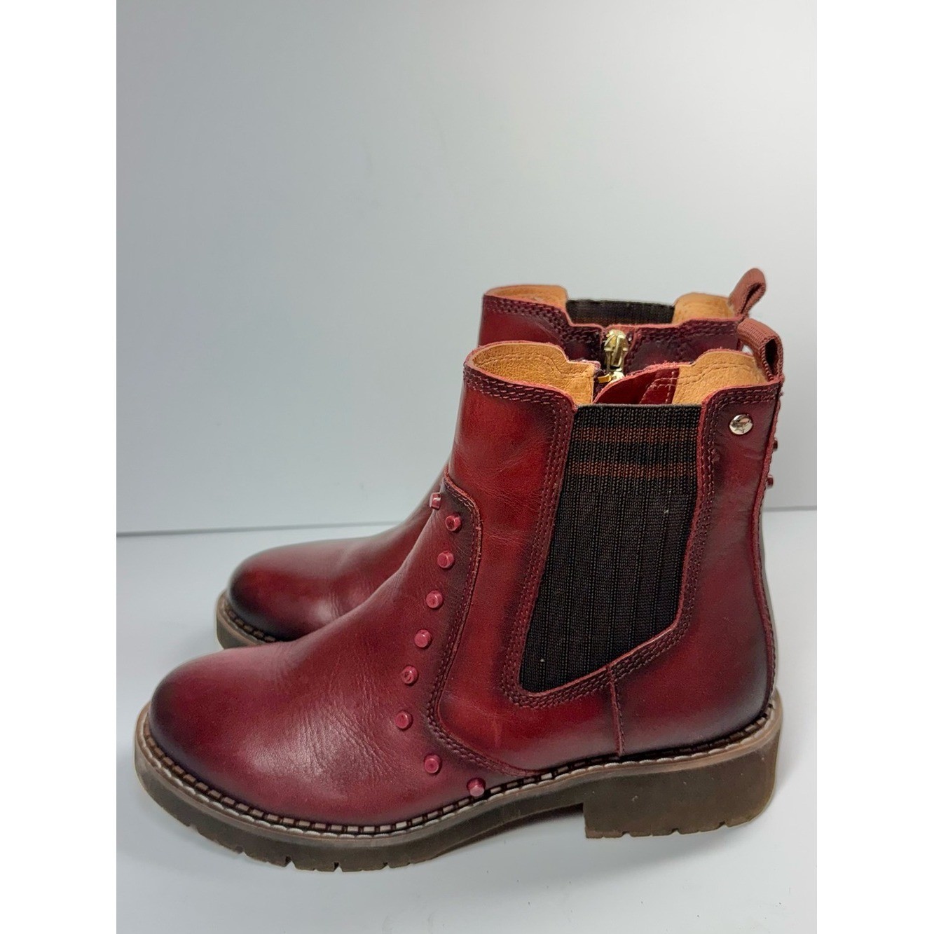 Pikolinos Women’s Burgundy Leather Chelsea Boots Stud Detail Size EU 36 US 5-6