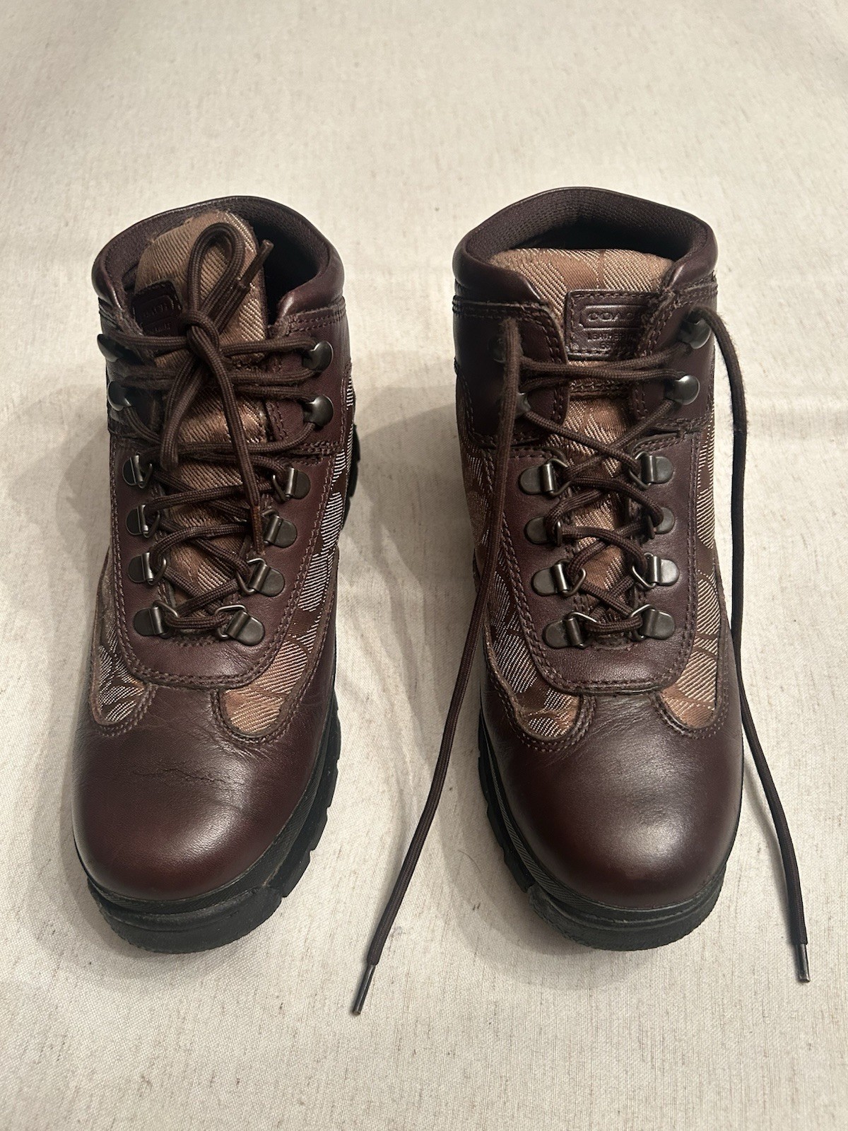 Coach Womens Hannah Brown Leather Signature Monogram Canvas Hiking Ankle Boots